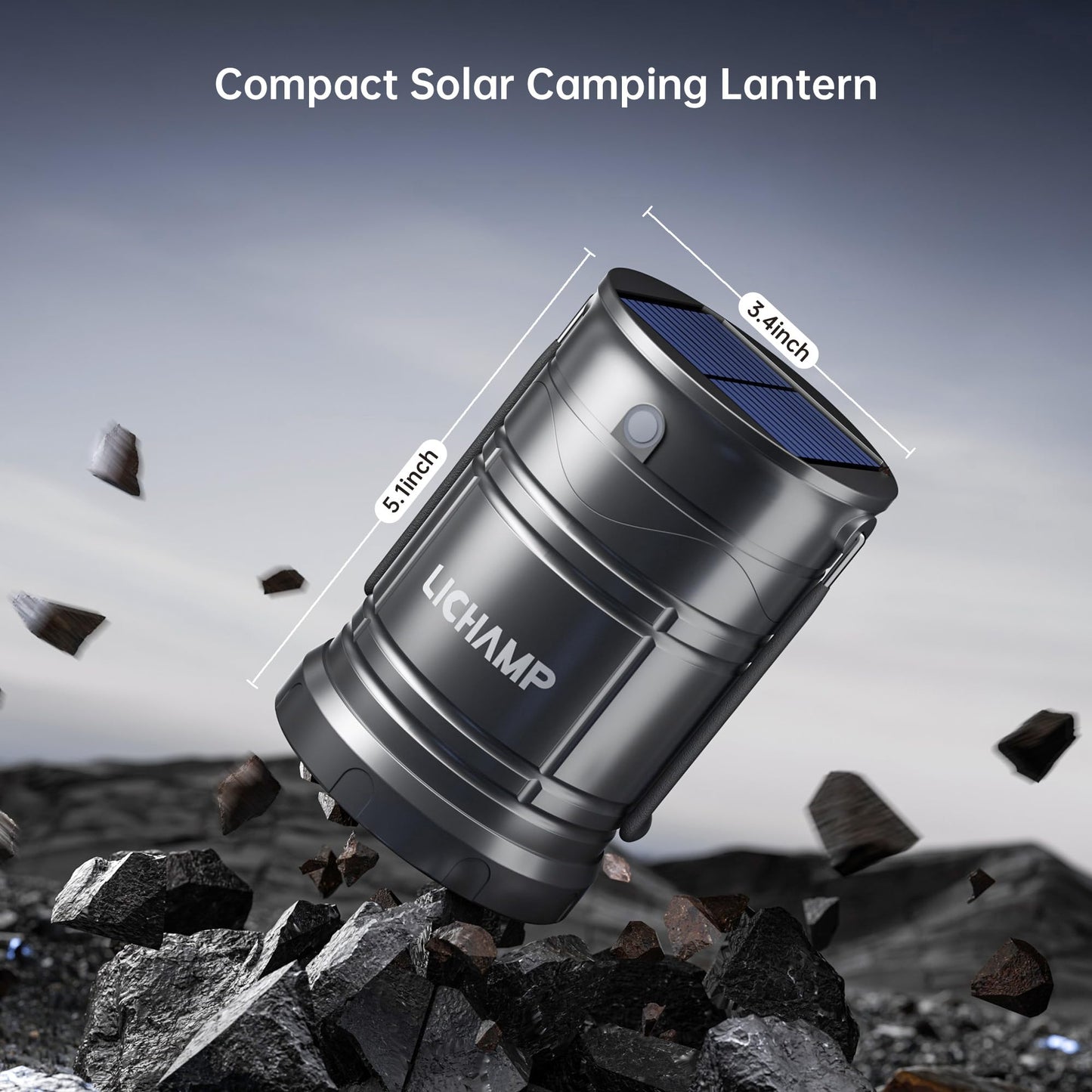Lichamp 4-Pack Solar Camping Lanterns, USB Rechargeable LED, Battery Powered, Dark Gray, Model CLS-K004GH