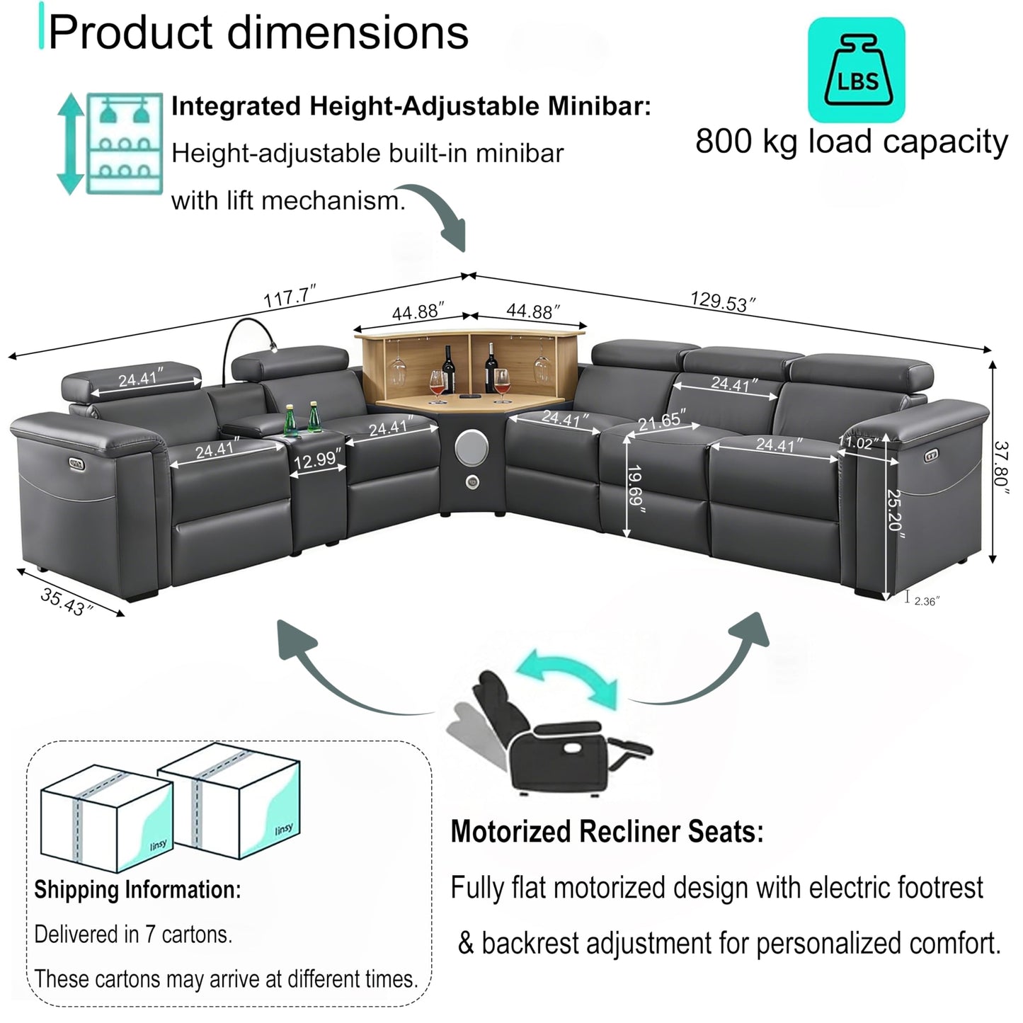 KEIKI 130" L-Shaped Air Leather Powered Reclining Sofa with Motorized Lift Cabinet & Multi Functional Console & Adjustable Backrest & Footrest, Electric Control 5-Seater Couch, for Living Room, Gray