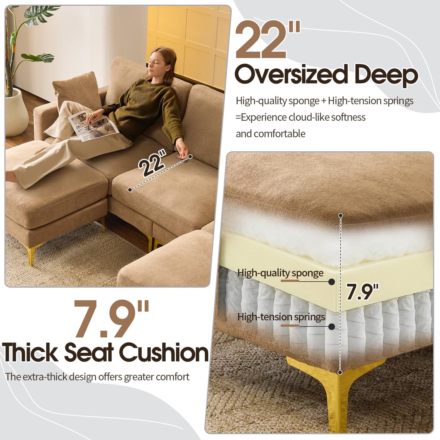 VINGLI 100" W U Shaped Couch with Ottoman, 22" Deep Seat Comfortable Sectional Couches for Living Room, 3 Seater Chenille Fabric Cloud Sofa for Apartment, Small Spaces, Bedroom, Khaki