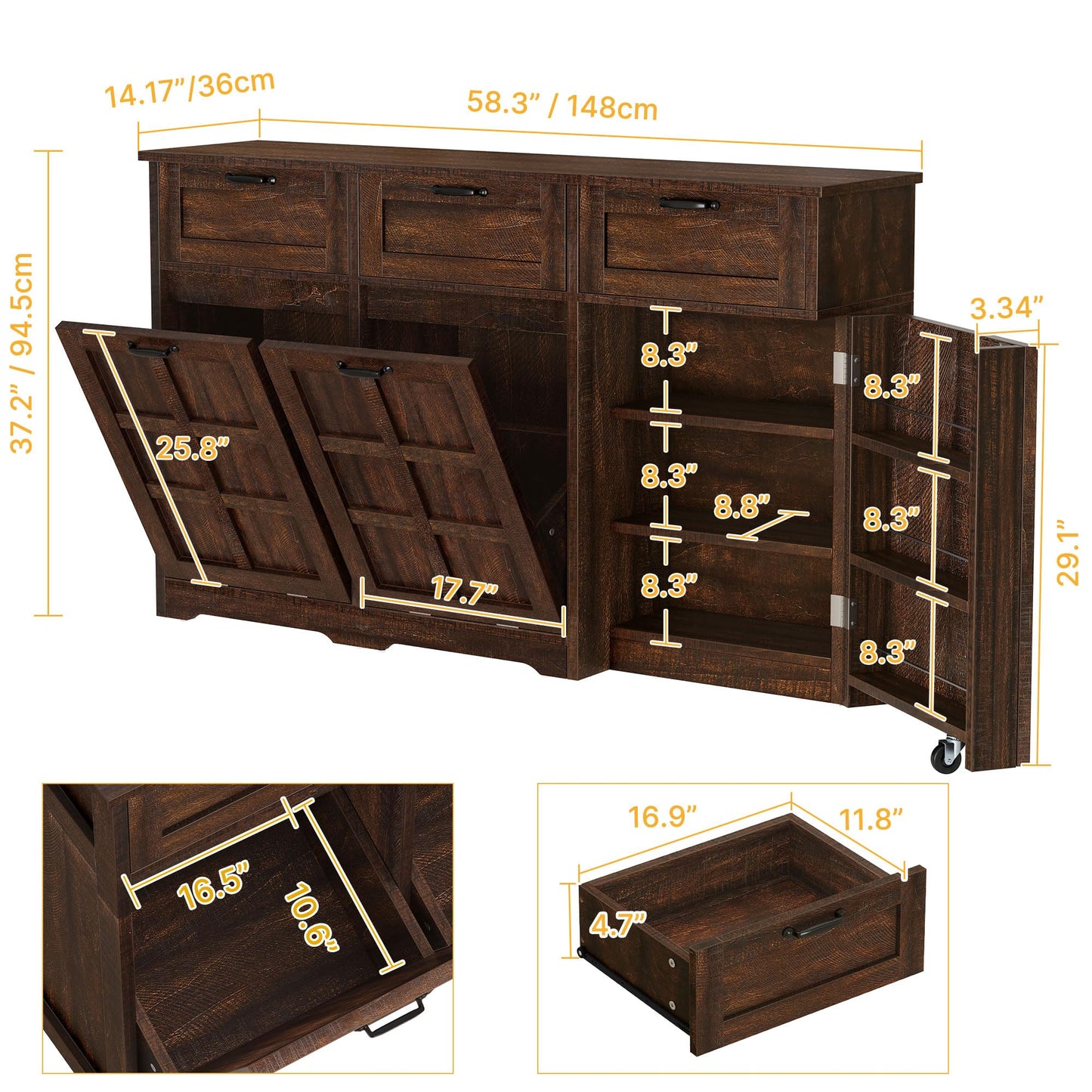 DWVO 58.3" Rustic Kitchen Island Storage Cabinet, Tilt Out Trash Can Cabinet, Farmhouse Kitchen Island with 3 Drawers, 2 Tilt-Out Doors for 10 Gallon Bins, Adjustable Shelf