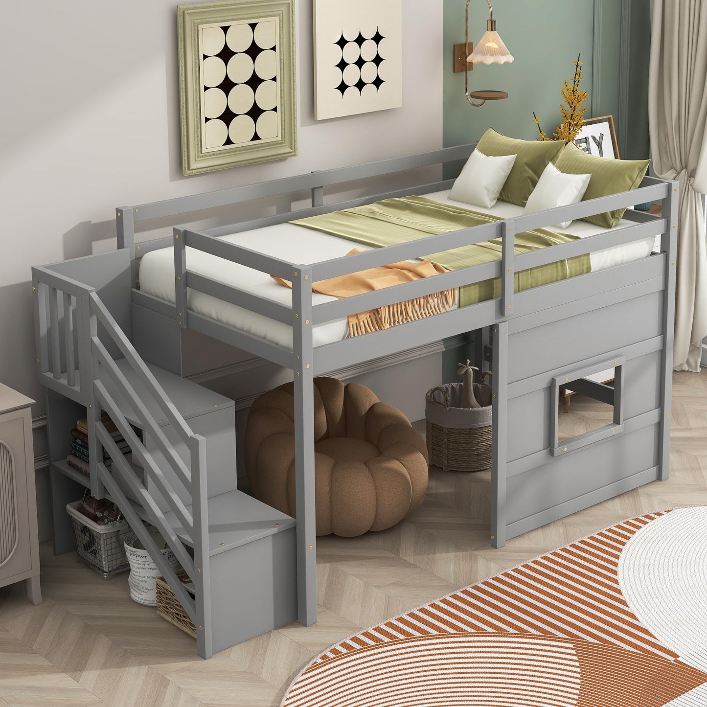 Merax Twin Size Loft Bed with Storage Staircase, Solid Wood Loft Bed Frame with LED Light and Safety Guardrail, Under-Bed Play Space, Playhouse Beds for Kids, Boys, Girls,Grey