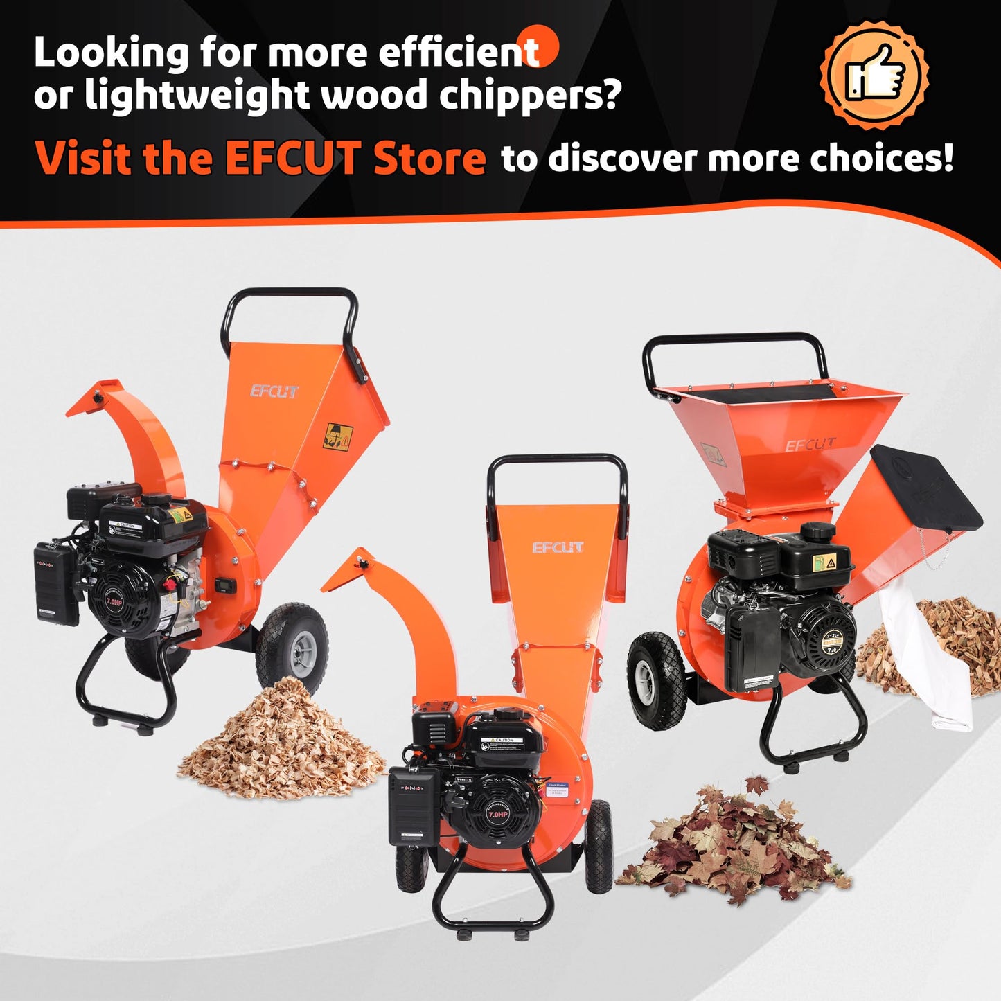 EFCUT 3 in 1 Wood Chipper Shredder Mulcher, 7 HP 212cc Heavy Duty Gas Powered, 3" Inch Max Wood Diameter Capacity, 2 Hoppers Multi-Function with Large Cutting Disc, Included Debris Bag