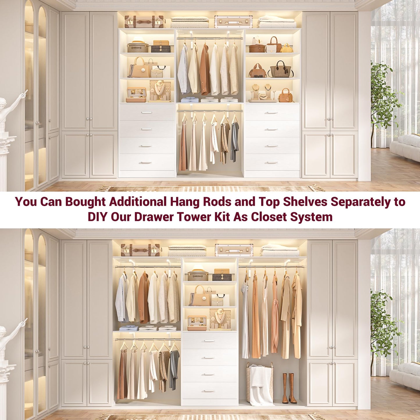 Aheaplus Closet Drawers Organizer System, 21.3" Wood Closet System with 4 Drawers, Modular Walk-in Closets Storage Unit, Tall Bookshelf Storage Cabinet, White22