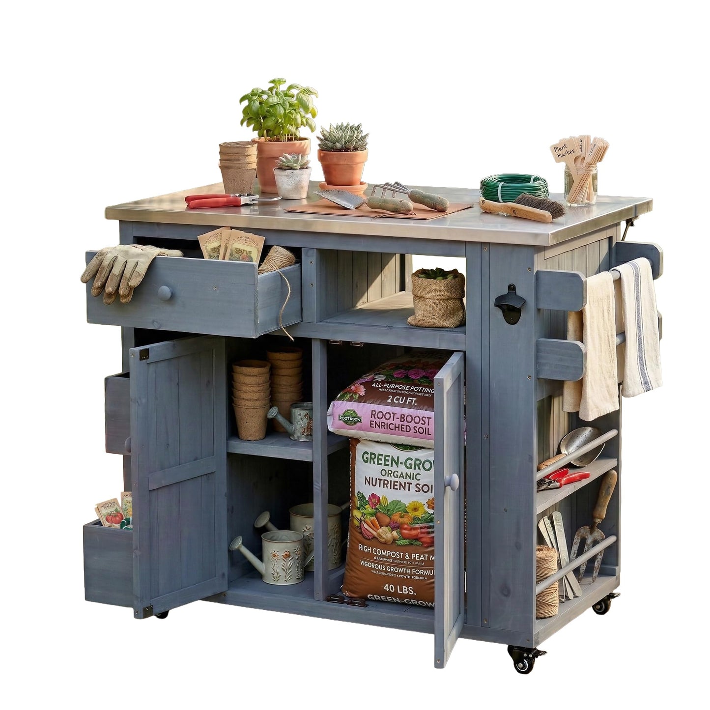 GDFStudio Winford Patio Kitchen Island Cart with Extendable Top, Wooden Outdoor Storage Cabinet with Stainless Steel BBQ Prep Table Top, Drawers, Spice Rack and Lockable Wheels, Potting Bench, Gray