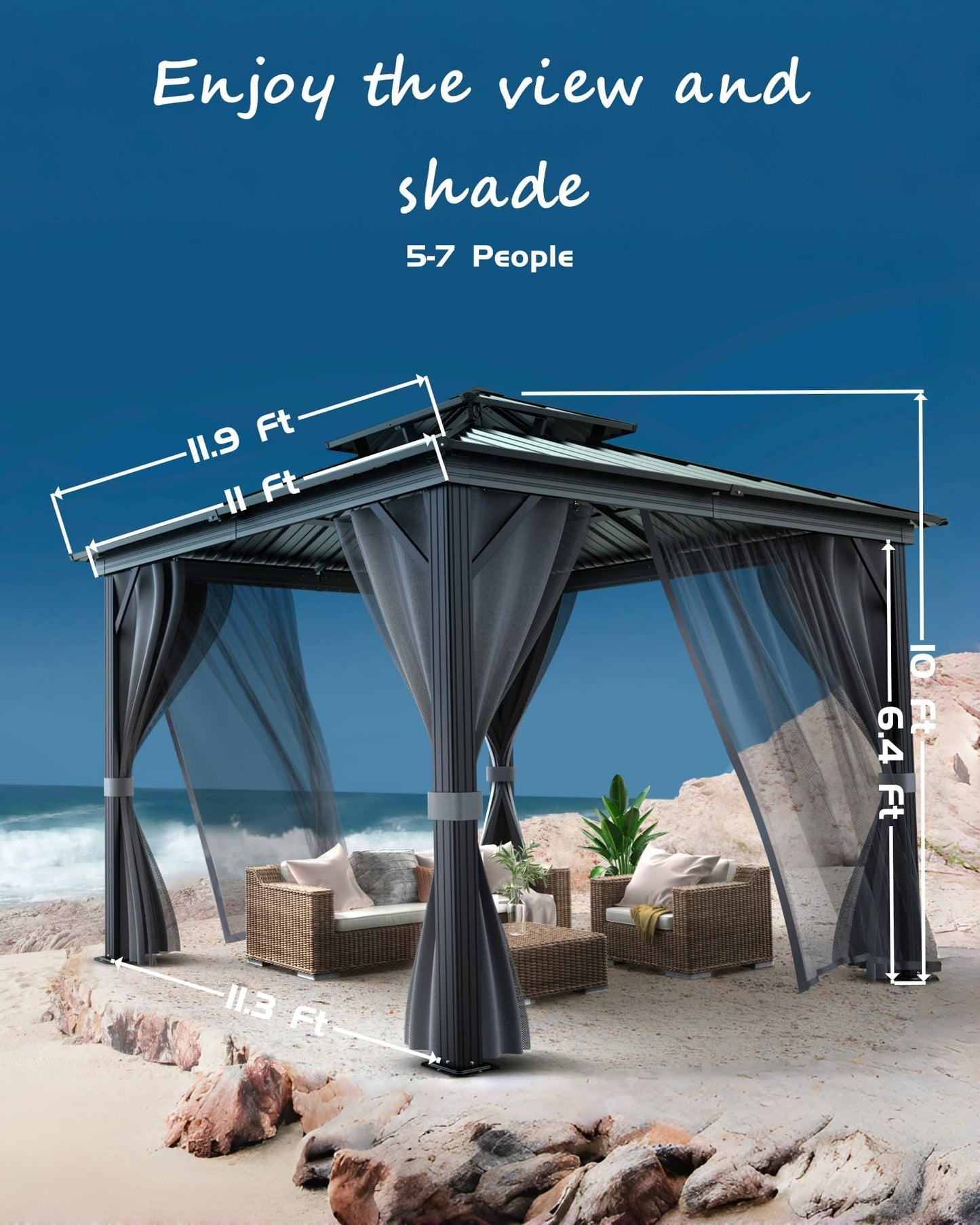 12'X12' Hardtop Gazebo, Galvanized Steel Aluminum Frame with Double Roof, Heavy-Duty Outdoor Patio Gazebo with Curtains & Netting for Backyard, Deck, Porch, Garden, Lawn, Khaki