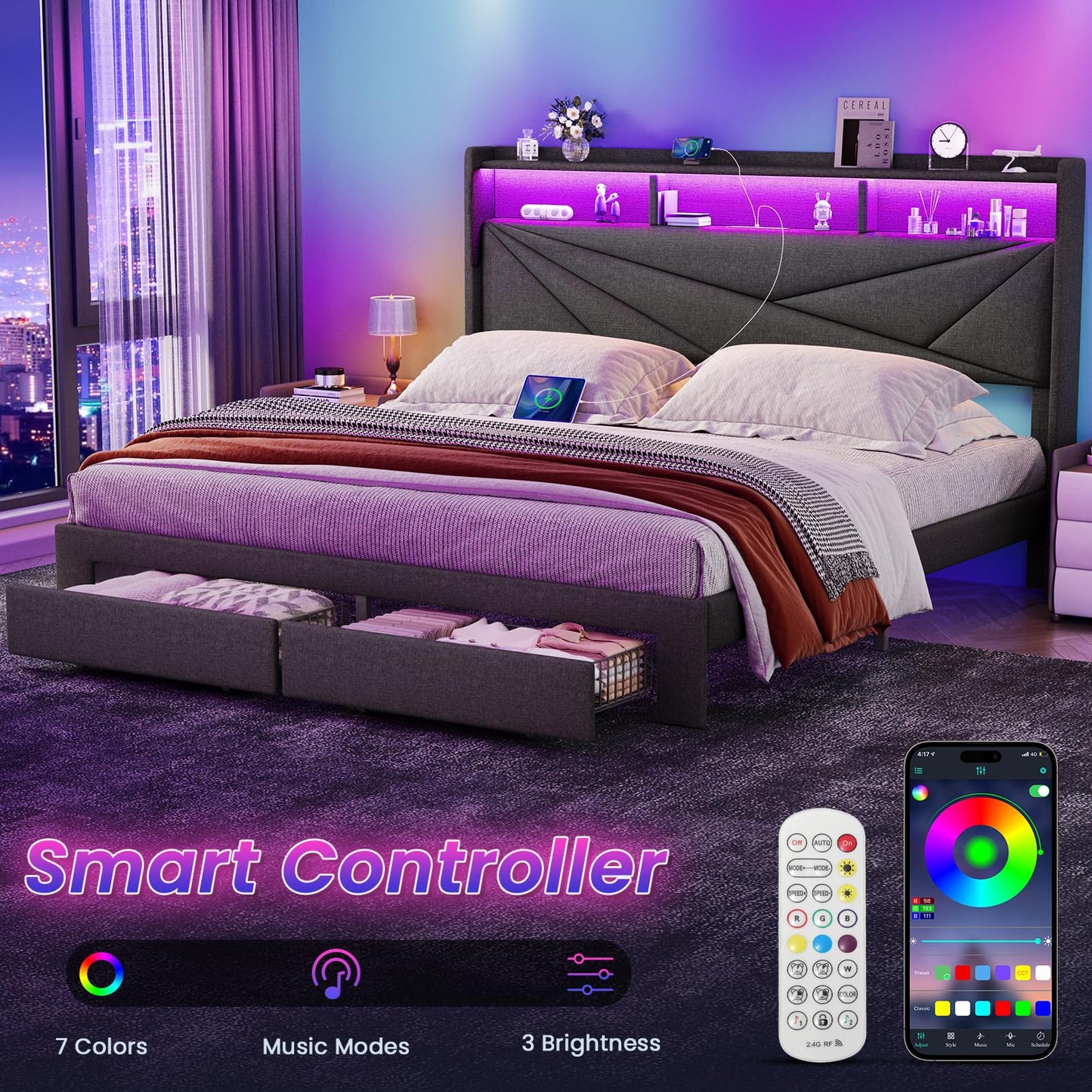 Driftalia Full Size Bed Frame with 2-Tier Storage Headboard, Upholstered Full Bed Frame with 2 Drawers, Charging Station and LED Lights, No Box Spring Needed, Easy Assembly - Dark Grey