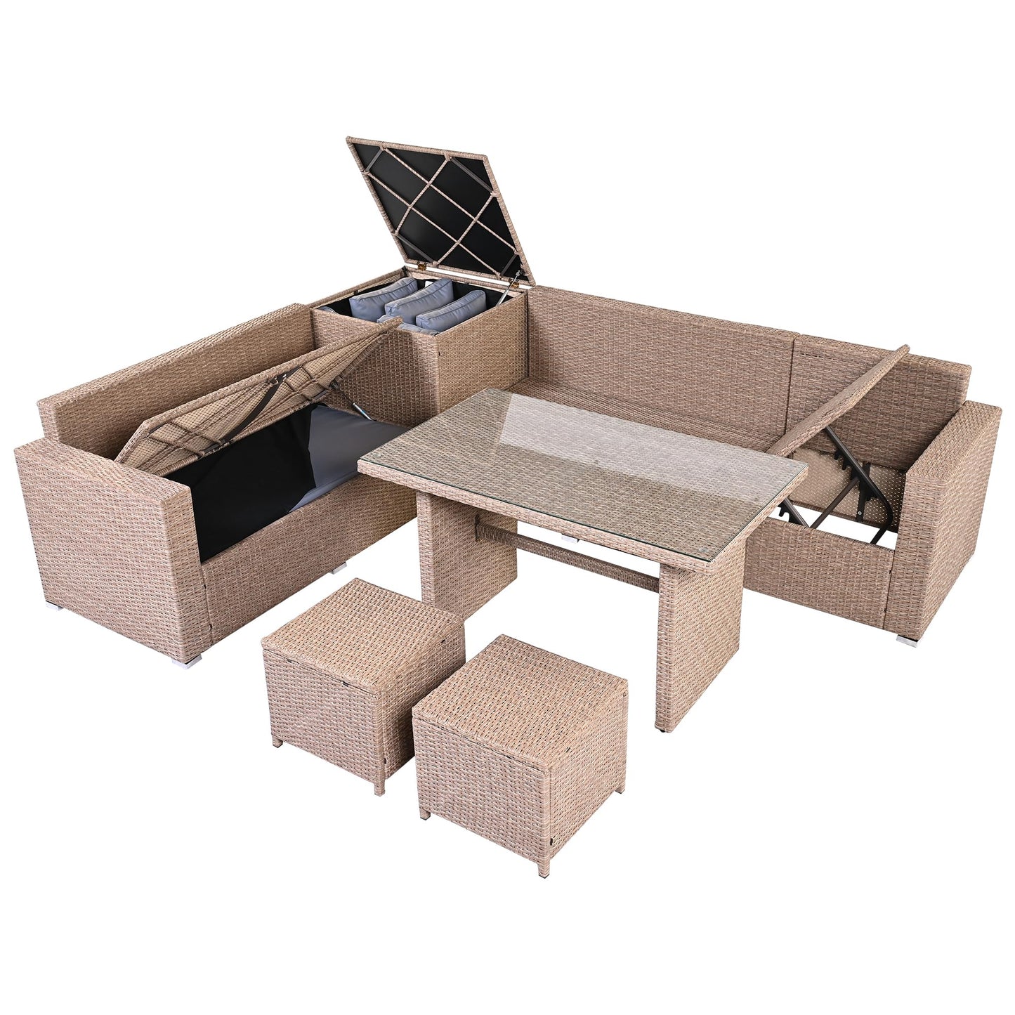 GDFStudio Julian Patio 6-Piece Conversation Set, Outdoor Wicker Sectional Sofa Set with Storage Box, Adjustable Seat Sofa, Tempered Glass Coffee Table and Stools, PE Rattan Furniture Set, Light Grey