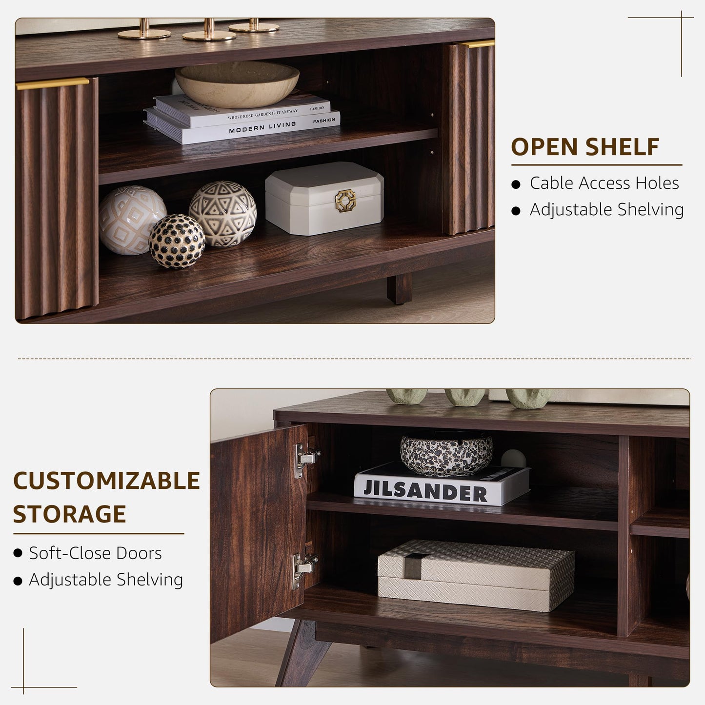 OKD 70" Mid Century Modern Fluted TV Stand, Entertainment Center, Sideboard, Media Console for Living Room with 2 Soft Close Door/Adjustable Shelves (Dark Walnut)