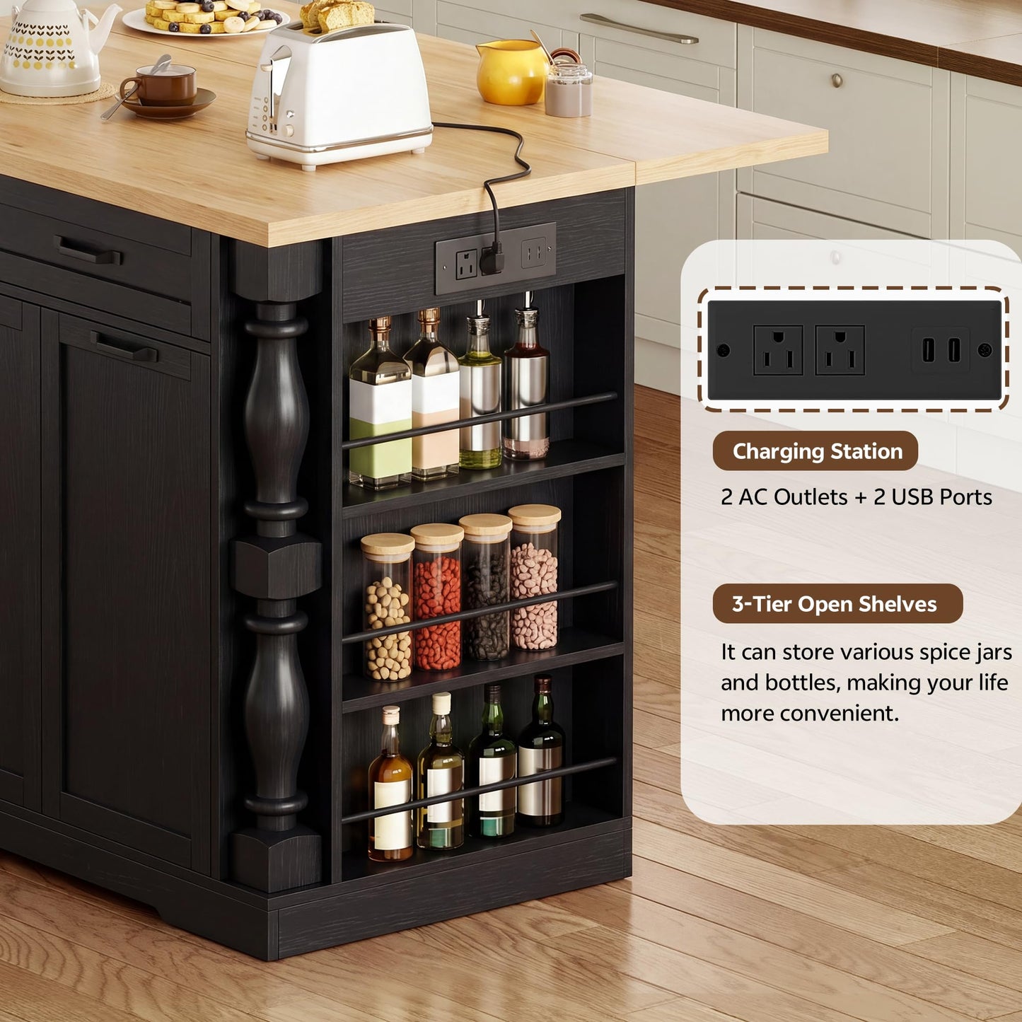 Homiflex Kitchen Island, 47.6"x20" Kitchen Island with Spice Rack & 11.8" Drop Leaf, Coffee Cart on Wheels Breakfast Bar Table Storage & Trash Bin Islands Table with Power Outlet for Dining Room-Black