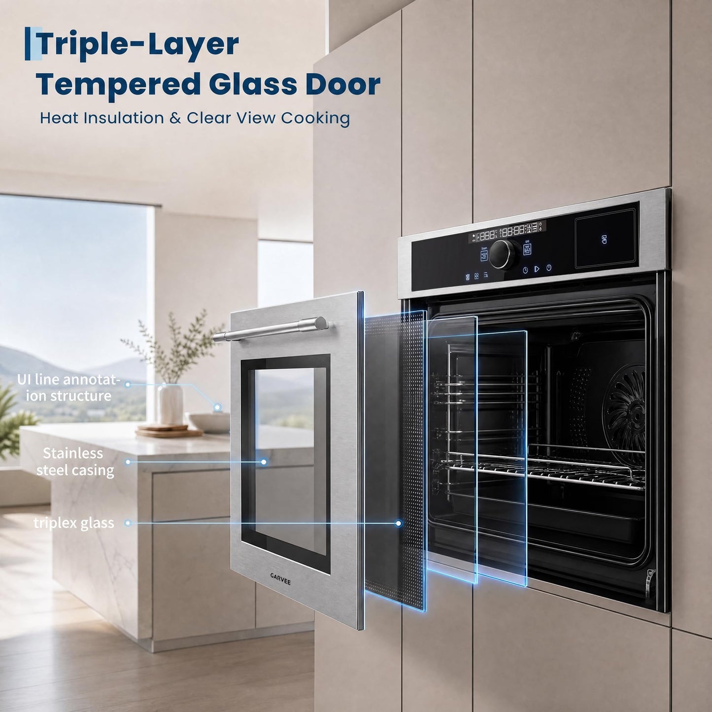 Garvee 24 Inch Built-in Single Wall Oven, 2.5 Cu. ft. Electric Oven, 3000W Power, 5 Cooking Functions, Touch & Mechanical Knob Control, Double Layer Low-e Glass Door, ETL Certified, Silver