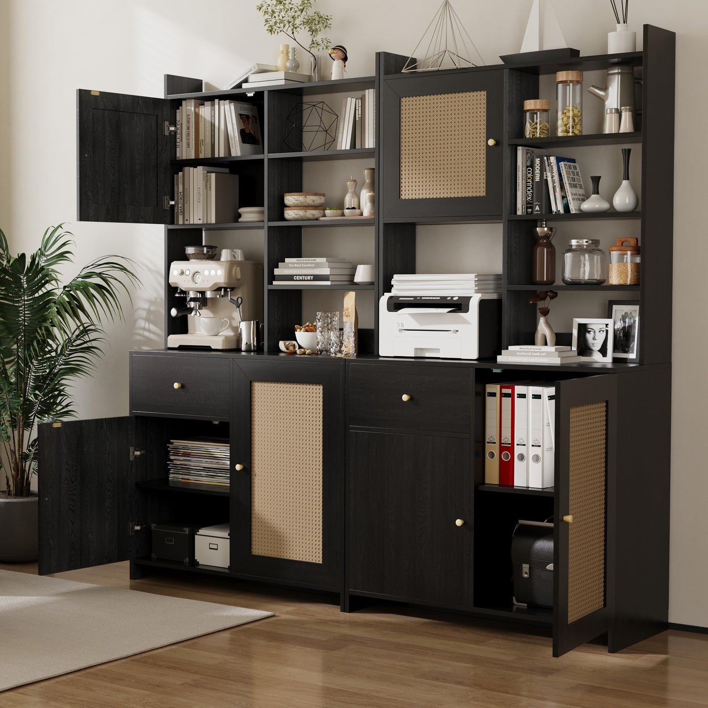 71'' Tall Kitchen Pantry Storage Cabinet, Kitchen Hutch Bar Cabinet with Microwave Stand, Farmhouse Buffet Cabinet w/Drawer, 3 Adjustable Shelf & 3 Rattan Doors for Kitchen, Dining Room (Black)