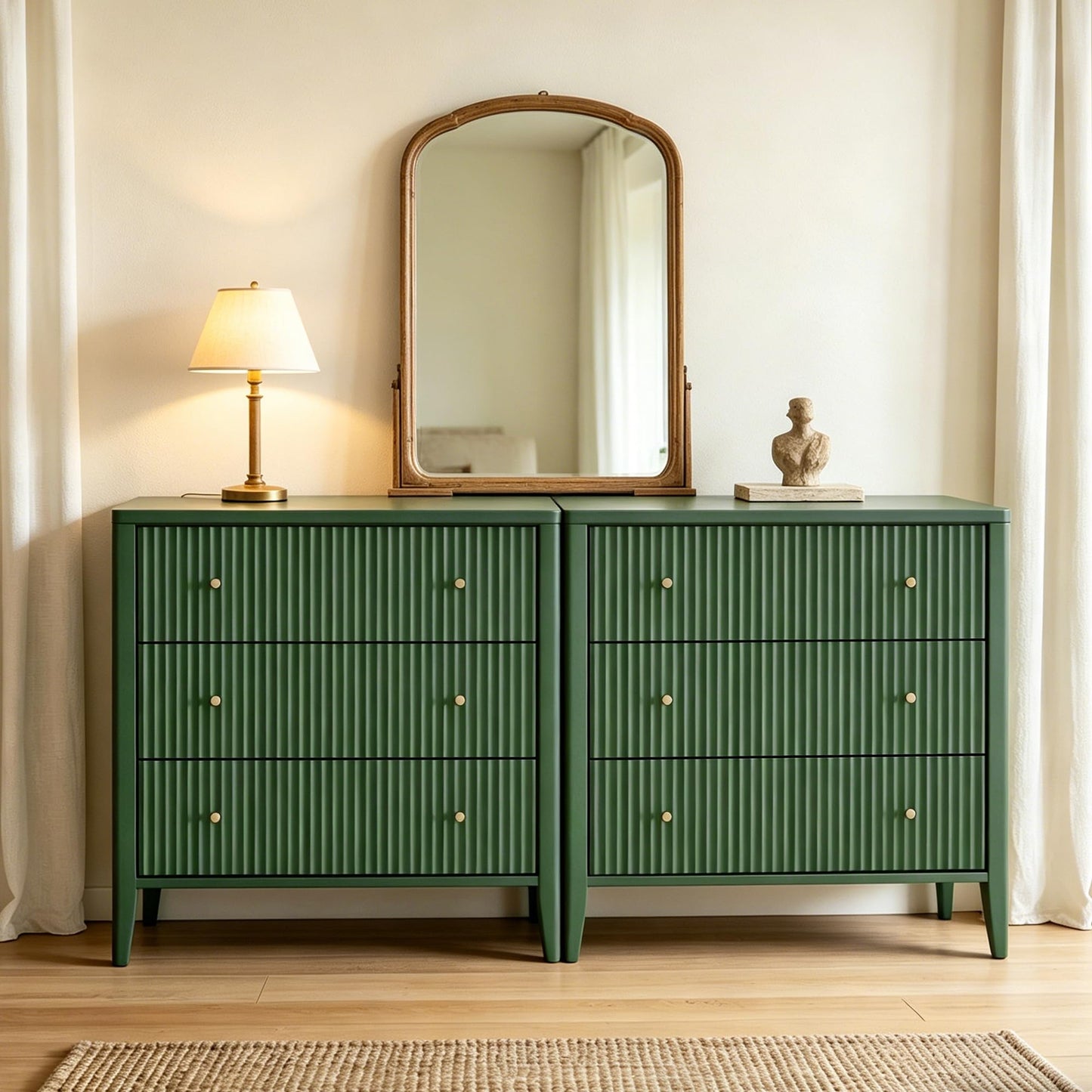 Fatmok Fluted 3 Drawer Dresser for Bedroom Set of 2, 34" Wide Chest of Drawers, Modern Wood Nightstand End Table with Metal Handles, Striped Storage Cabinet for Living Room, Hallway, Entryway, Green