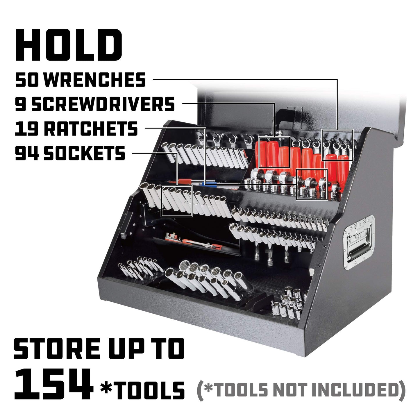 Powerbuilt 26 Inch Portable Slant Front Rapid Toolbox Tiered Stairstep Tool Holders, 16 Gauge Steel, Chrome Hardware, Weather-Resistant Lockable Polymer Lid, Grey, 240111