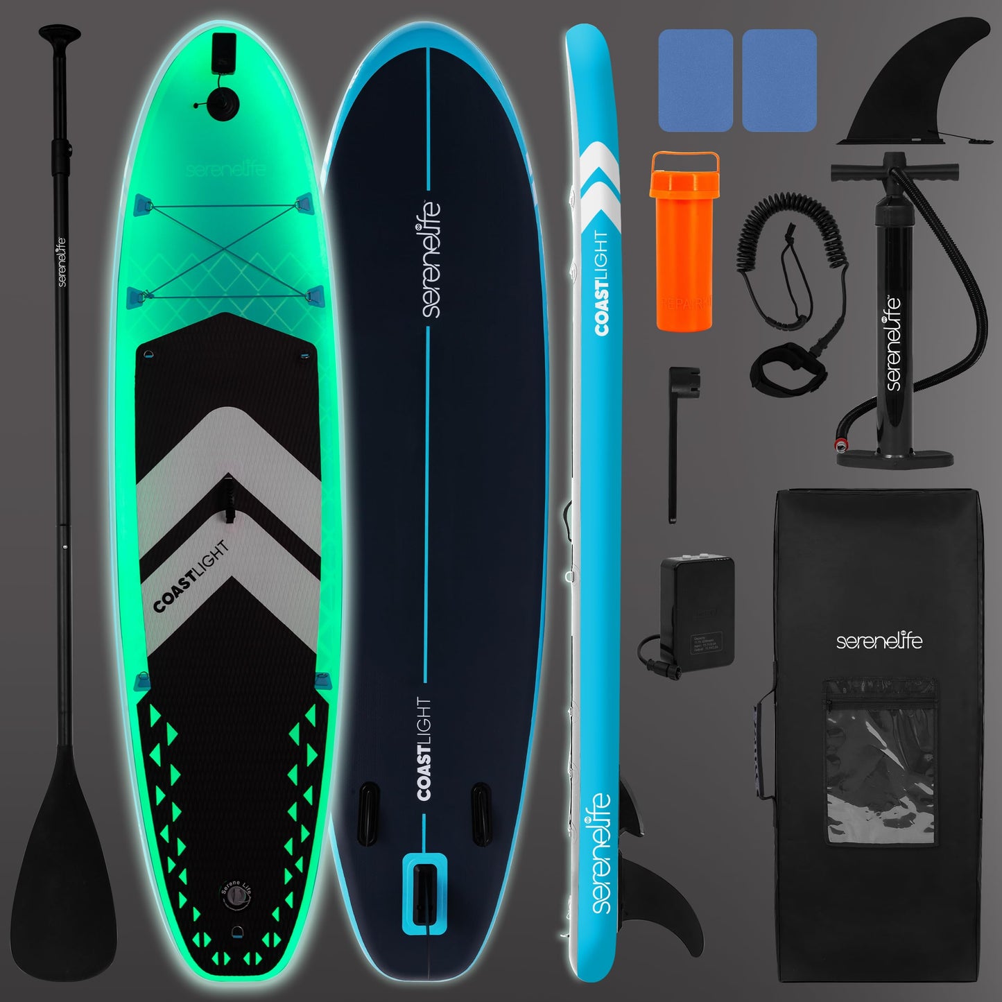 SereneLife 10’6” Inflatable Stand-Up Paddle Board with LED Lights - 32” Wide Stable Design with Double-Layer Sidewalls, Non-Slip Deck Pad, Premium SUP Accessories, for Youth and Adults