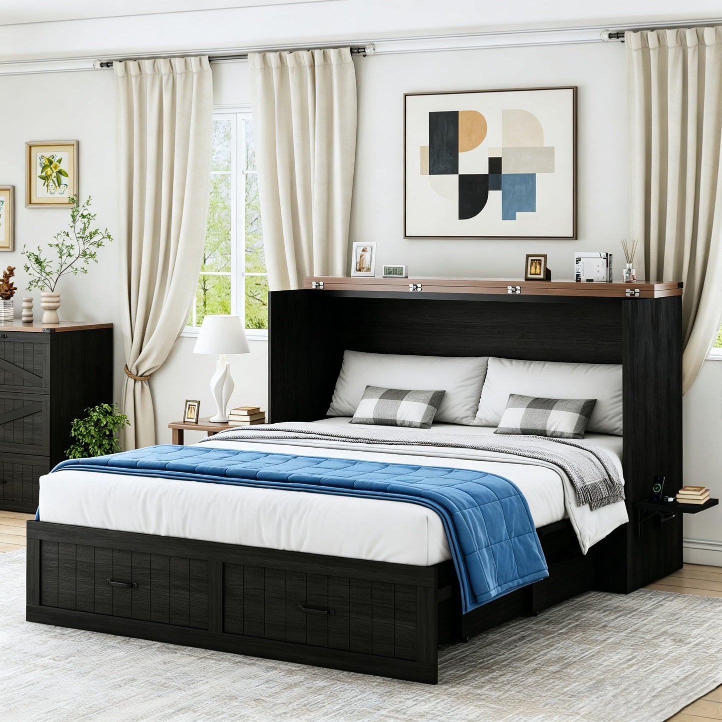 Bvldfamly Full Murphy Bed with Charging Station, Farmhouse Noisy-Free Foldable Cabinet Bed Frame with Storage Drawer, Space Saving Hideaway Wall Bed for Guest Bedroom, Living Room, Office, Black