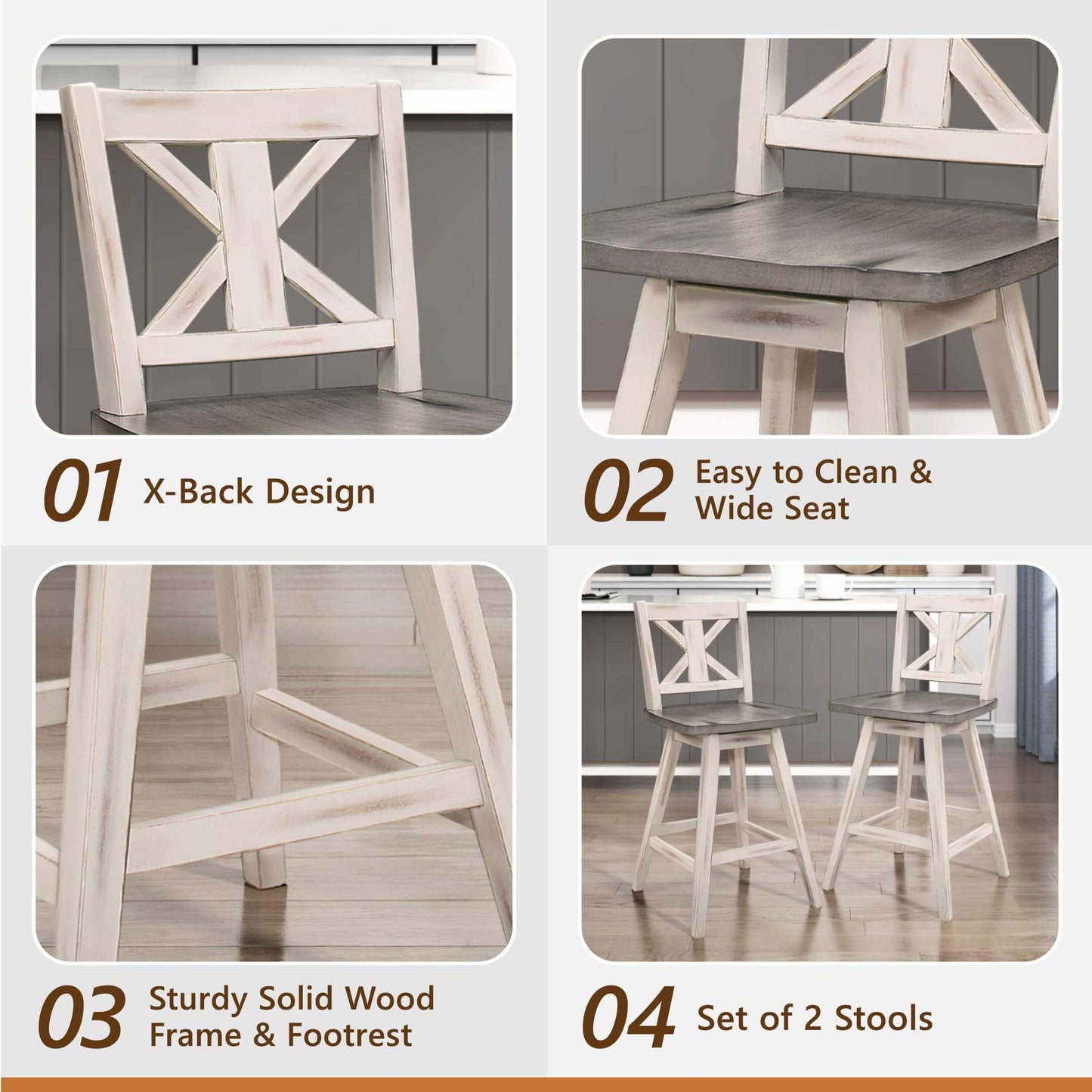 Lexicon Counter Height Stools Set of 2-Solid Wood Frame 360° Swivel Wooden Stools, Foot Rest, X Back, Wide Seat, Distressed Farmhouse Easy to Clean Finish, 24" SH, Antique White/Grey