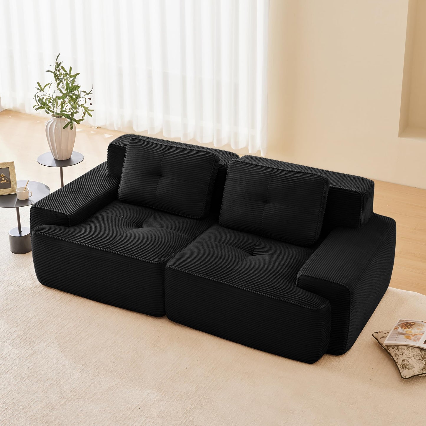 KEIKI 80" Oversized Corduroy Modular Sectional Loveseat Sofa with High-Density Foam Cushion & 2 Pillow, Upholstered Anti-slip Design 2-Seater Tufted Couch, No Assembly Required, for Living Room, Black