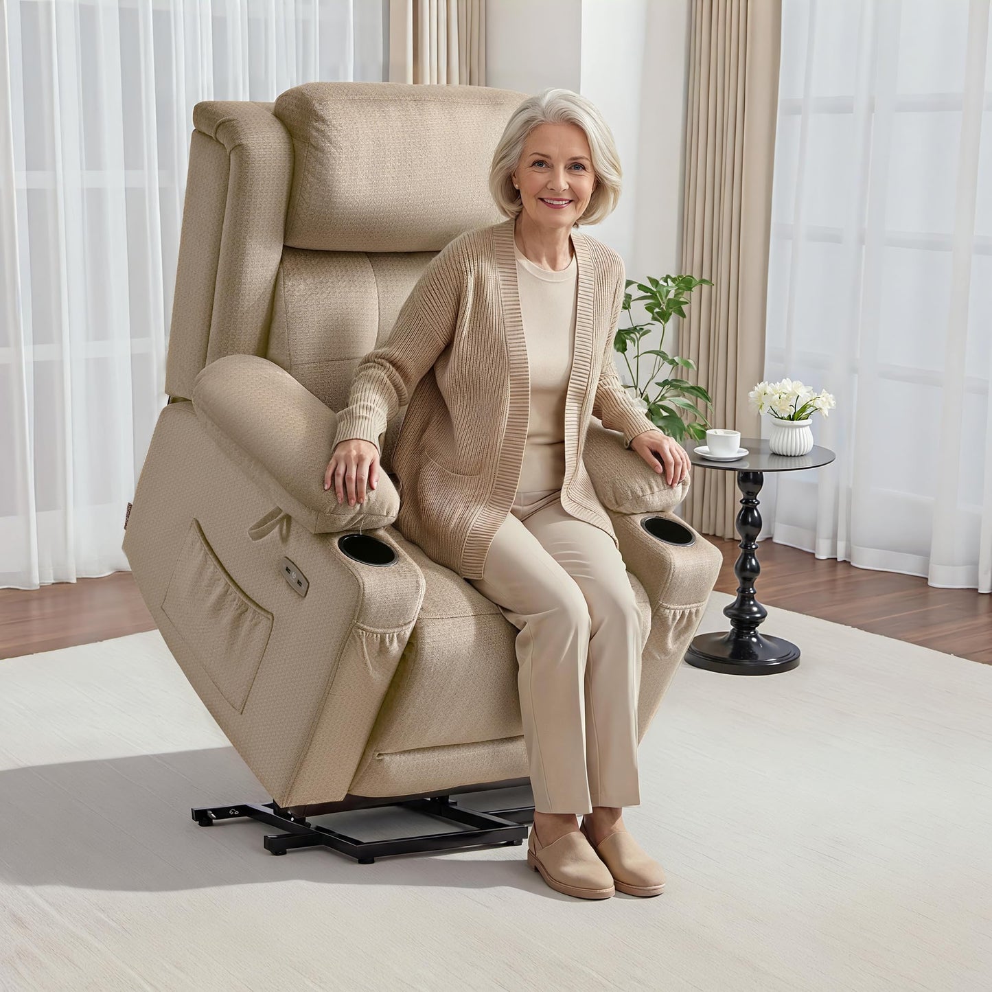 MCombo Medium Triple Motor Power Lift Recliner Chair with Massage and Heat for Elderly People, Adjustable Headrest, Infinite Position, USB Ports, Fabric 7661 (Beige, Medium)