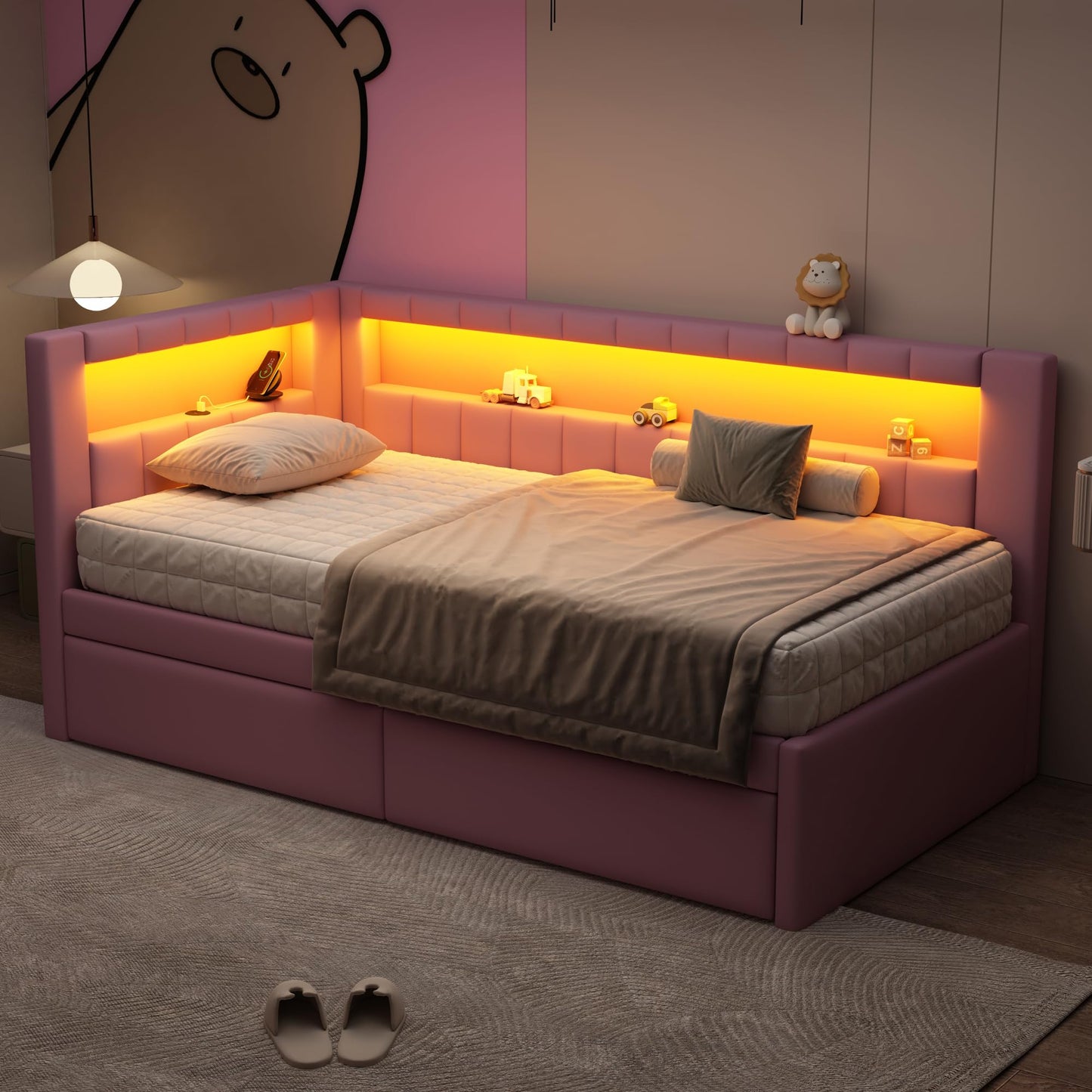 Merax Twin Size Modern Upholstered Platform Bed with USB Ports & Storage Drawers, Floor Sofa Daybed with Wood Slat Support, Storage Bed Frame with Headboard/Twin, Pink