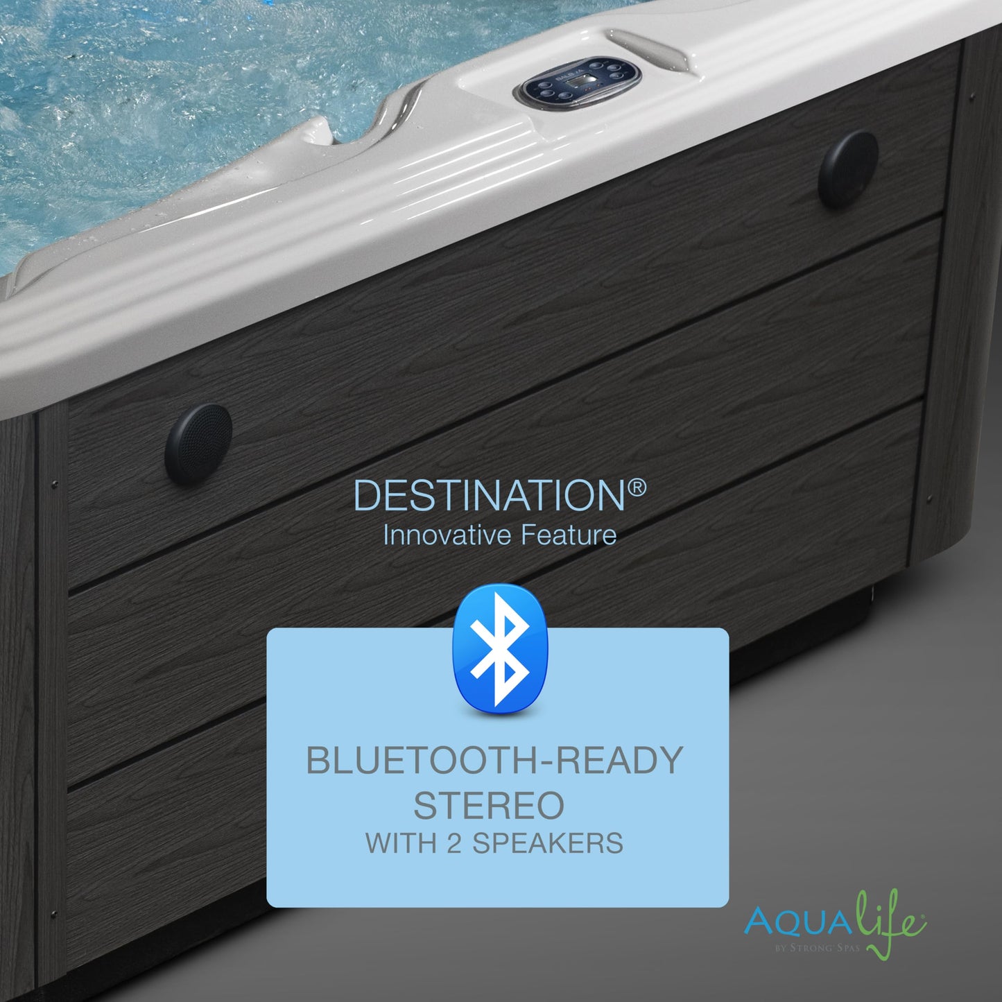 Destination Outdoor Hot Tub, 5-Person 59-Jet 80-Port 4-Pump Lounger Spa with Waterfall Arch and Bluetooth Stereo by Aqualife by Strong Spas