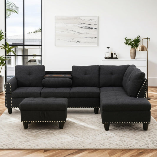Trygoal 97.5" Linen L Shaped Couch with Right Chaise & Cup Holder, Sectional Sofas Modular Furniture Set with Storage Ottoman, Convertible Couches for Living Room, Small Space & Office (Black)