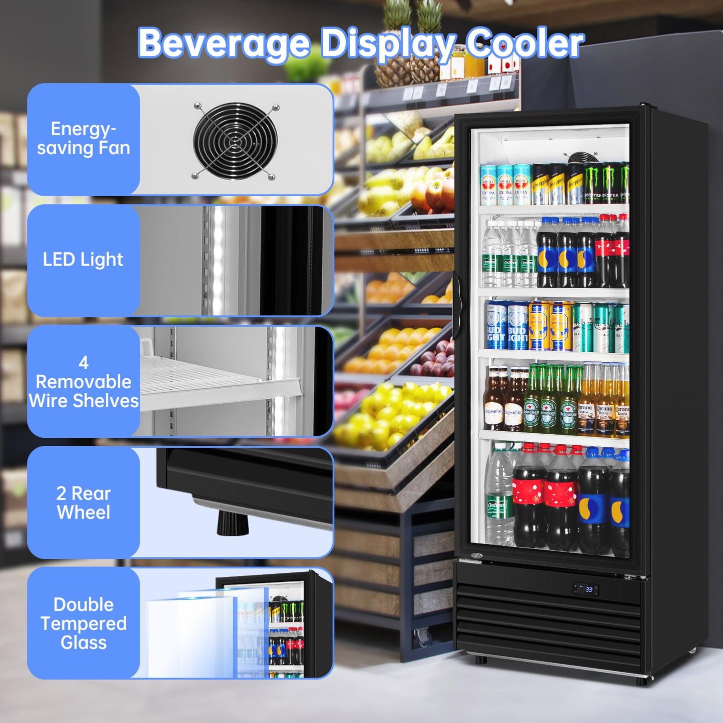 Velieta Commercial Beverage Refrigerator, 24.5 Inch 15 Cu. Ft. Drink Fridge, Display Refrigerator with Glass Door, Commercial Display Fridge with 4 Adjustable Shelves, for Shops, Restaurants, Bars