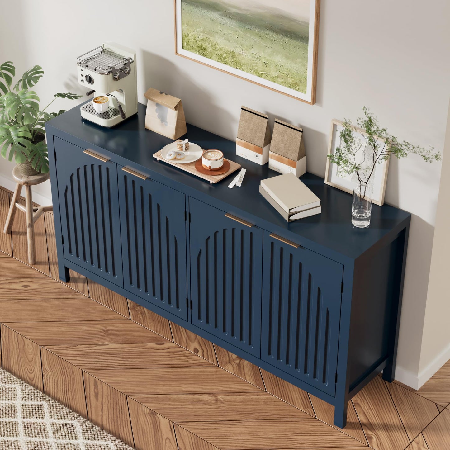 Fluted Sideboard Buffet Cabinet with Storage, 58" Mid Century Modern Accent Cabinet with Arch Doors, Large Wood Media TV Console Table Credenza for Dining Room, Kitchen, Living Room Entryway, Blue