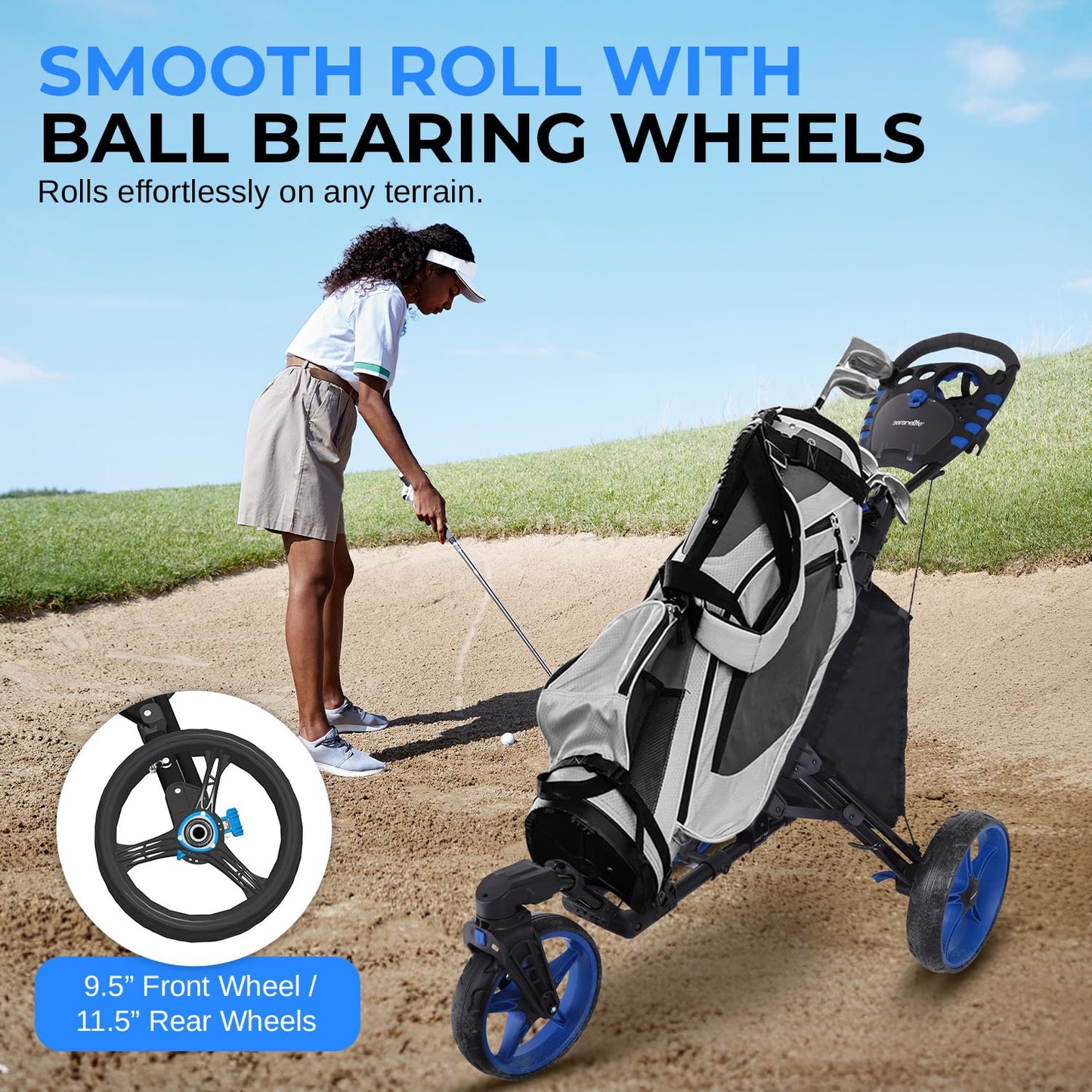 SereneLife Golf Cart Lightweight Foldable Golf Push Cart - Aluminum Folding Trolley with Adjustable Handle, Elastic Bag Straps, Dual Brakes, Scorecard & Cup Holders for Easy Maneuverability