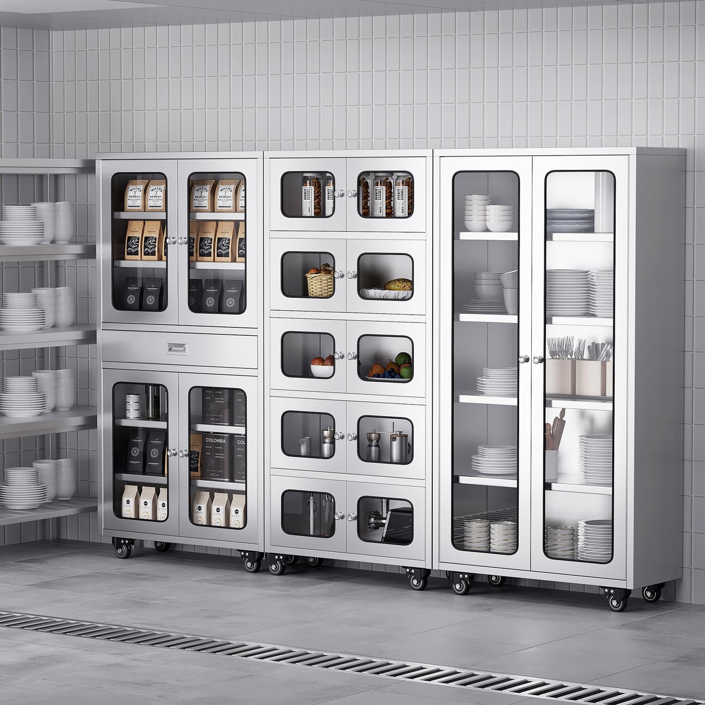 ZZV 68" Tall Stainless Steel Storage Cabinet with Wheels, Fully Assembled 5-Tier Kitchen Pantry Cabinet with Glass Doors for Garage, Utility Room, Laundry Room, Restaurant, Cafe, and Outdoor