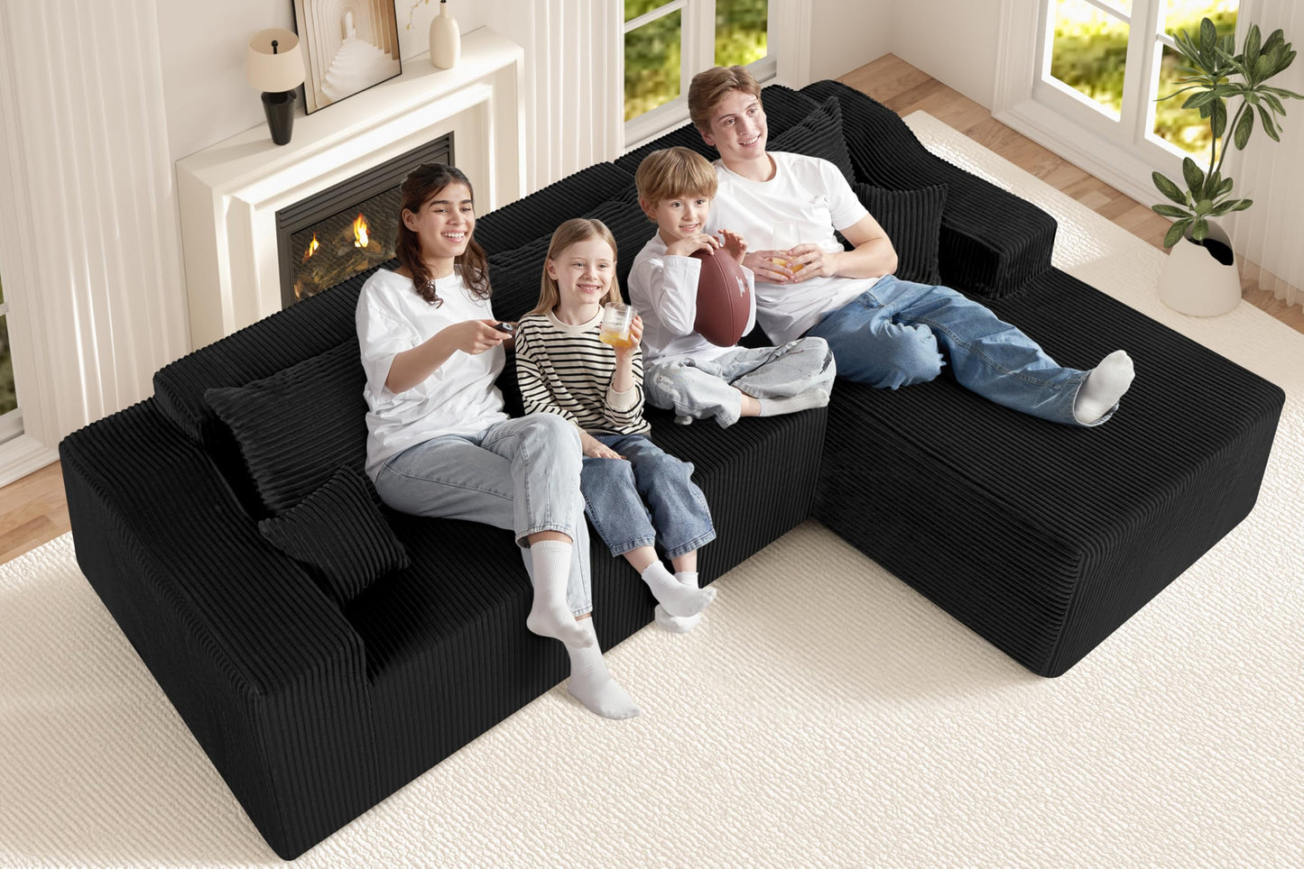 HABUTWAY 105" Modular Sectional Couches for Living Room, Boneless Couch with L-Shape Chaise,Comfy Sofa Living Room Sofas with Deep Seat,No Assembly, Corduroy Fabric(Black,Right)