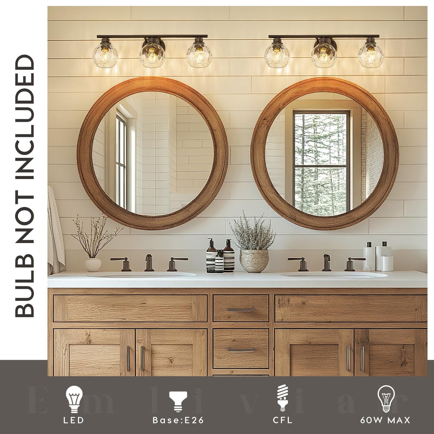 Emliviar 3-Light Bathroom Vanity Light, Water Ripple Globe Glass, Oil Rubbed Bronze Finish, Model YE295B, 25 Inch