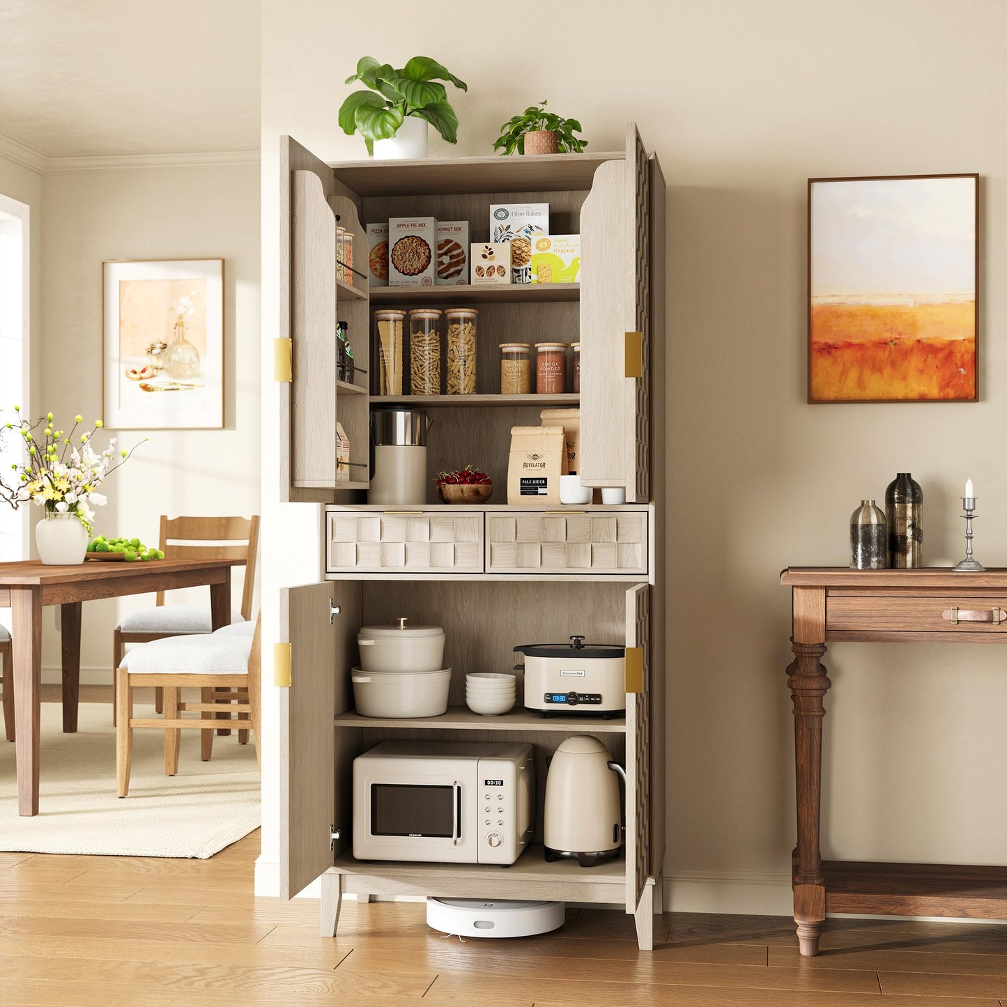 Pantry Cabinet, 71" Tall Pantry Cabinet,Modern Kitchen Cabinet with Doors, Drawers & Adjustable Shelves, Freestanding Food Pantry Cupboard with Side Rack for Kitchen Dining Room,Oak