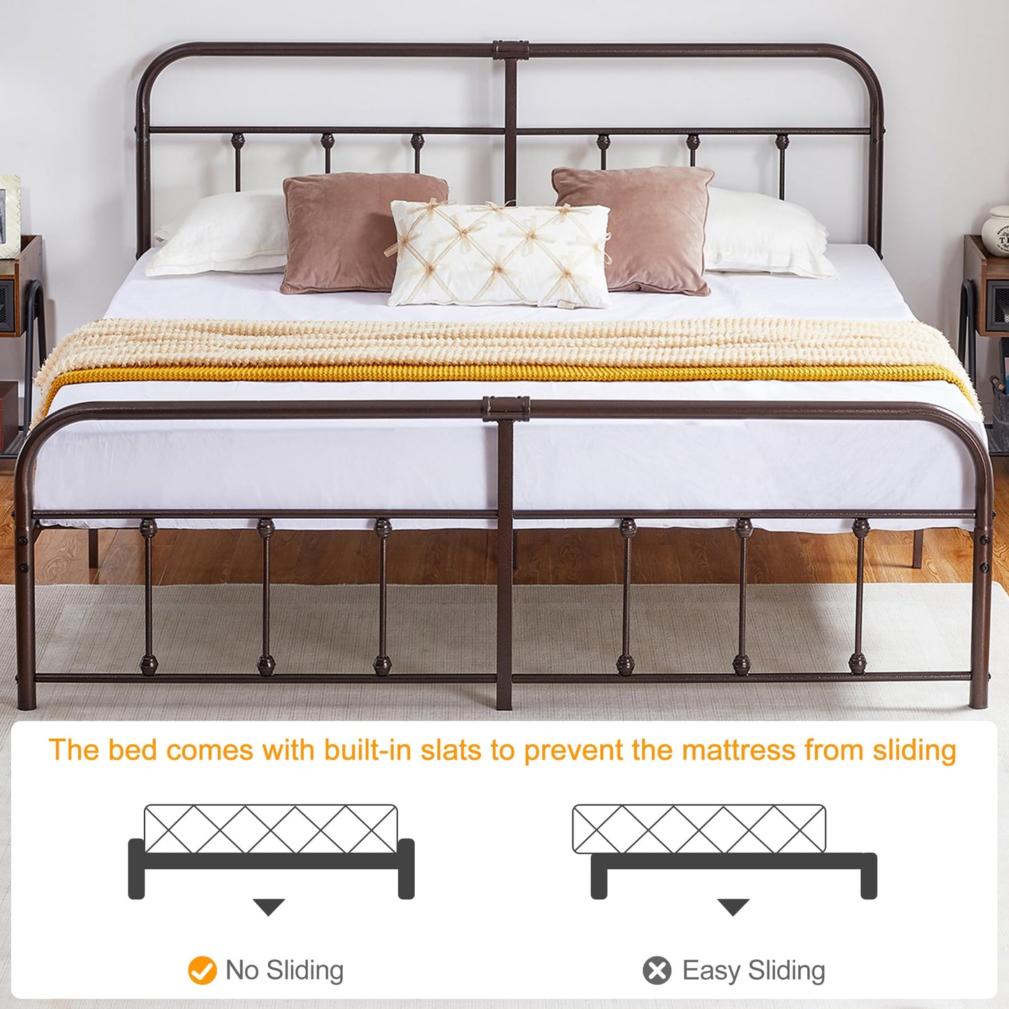 VECELO King Size Victorian Style Metal Bed Frame with Headboard Classic Metal Platform Bed Frame Mattress Foundation with Footboard/Under Bed Storage/No Box Spring Aple