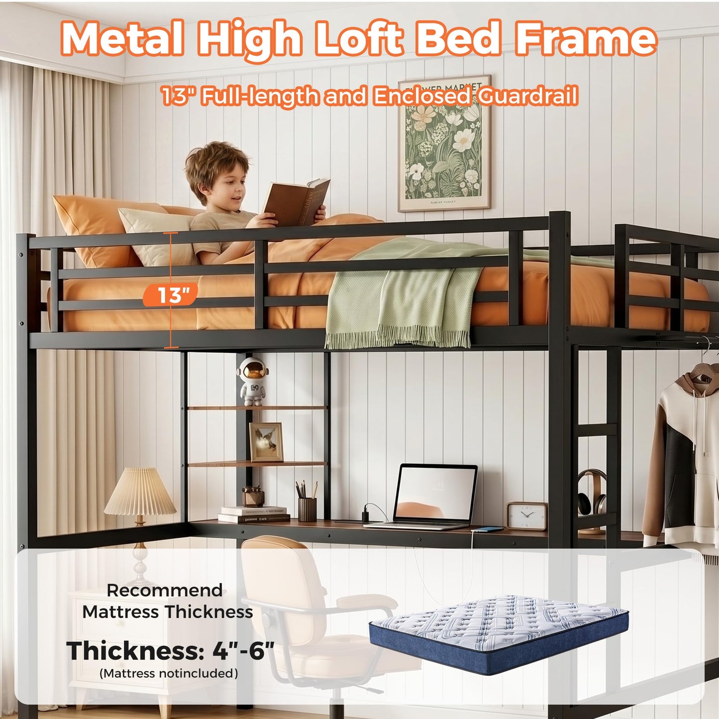 MAKIAAP Twin XL Size Metal Loft Bed with Desk & Ladder, LED Lights & Charging Station, Sturdy Noise-Free Frame for Kids, Teens & Adults, 350LBS, Space-Saving Design (Black, Twin XL)