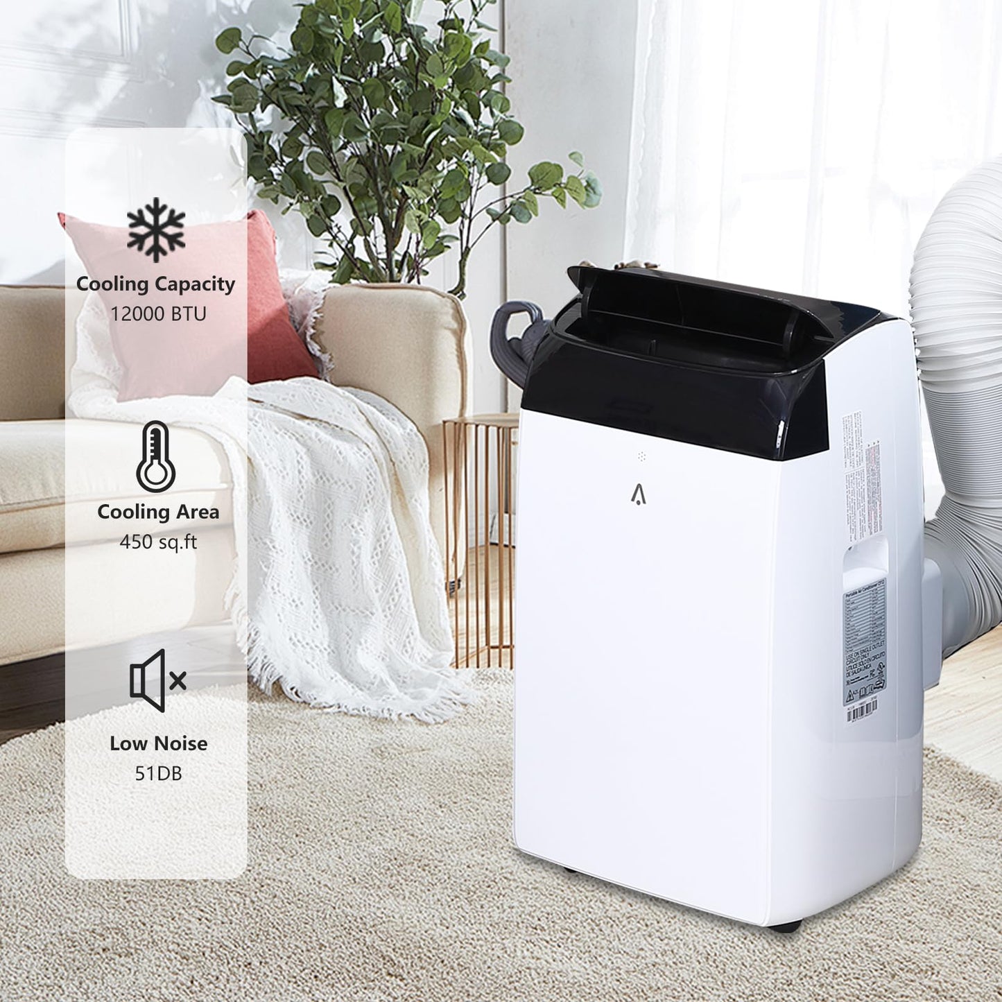 12,000 BTU Portable Air Conditioner with Remote Control, 3-in-1 AC Unit (Cool, Dehumidify, Fan) for Rooms up to 450 Sq. Ft, Easy Window Installation Kit, LED Display & 24H Timer, White/Black