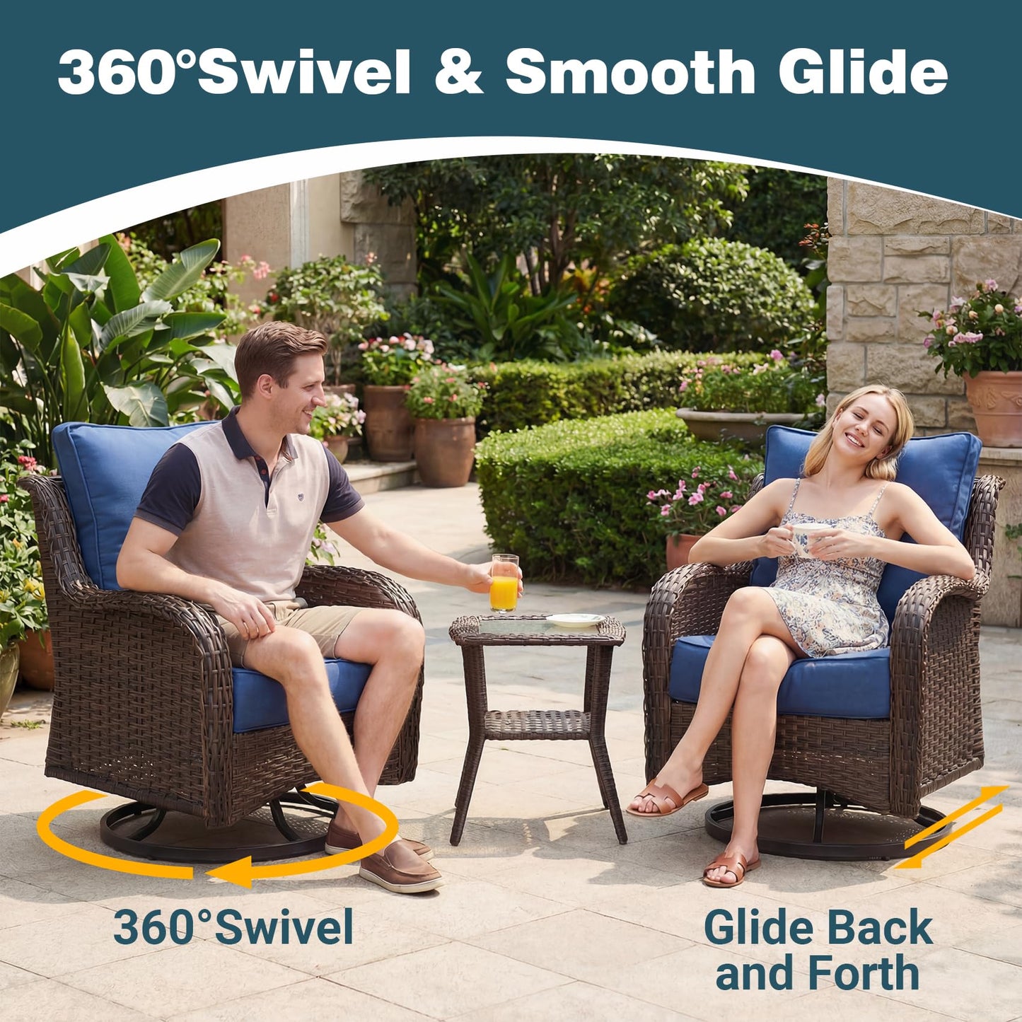 SAILARY Patio Furniture Set, 7PCS Outdoor Wicker Conversation Set with 6" Thick Cushions, High Back Rattan Sofa & Swivel Rocker Chairs, Weather Resistant Olefin Fabric for Garden, Poolside, Navy Blue