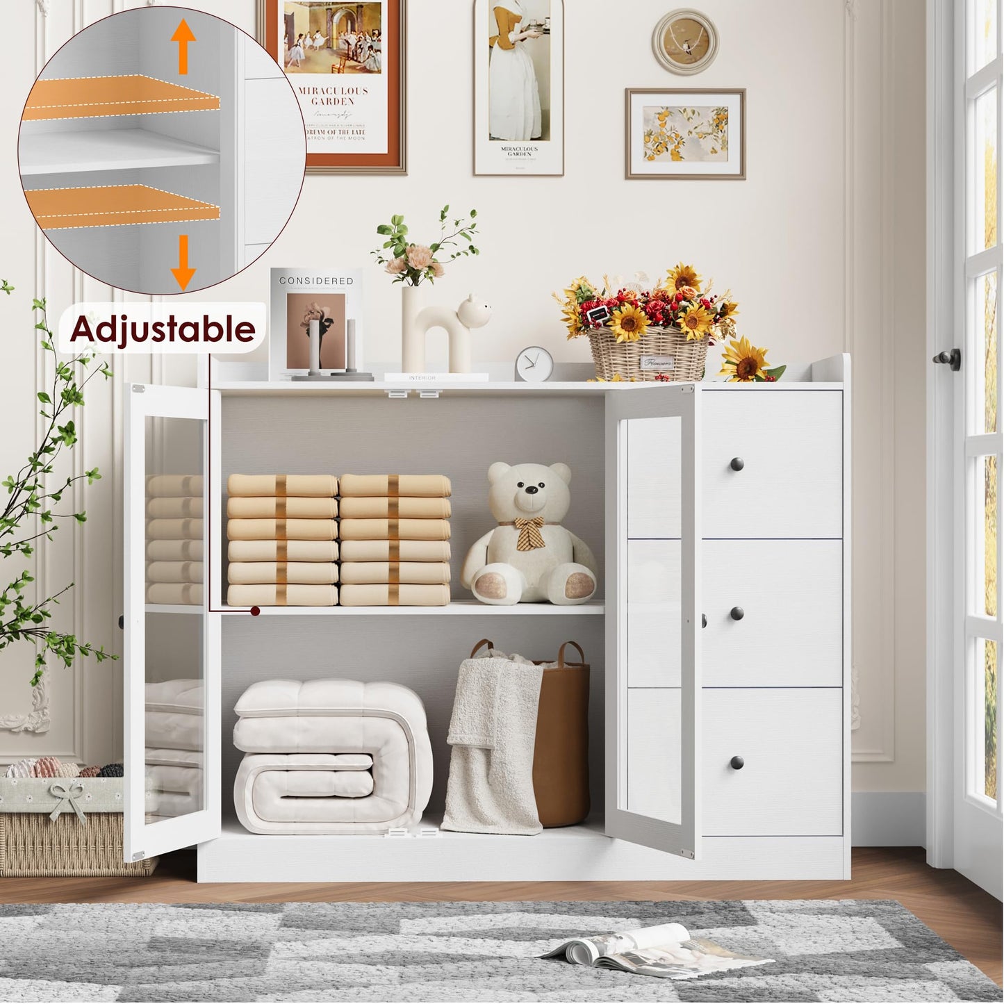 IDEALHOUSE Buffet Cabinet with Storage, 43" Modern Sideboard Kitchen Cabinet with Guardrail Design & Adjustable Shelves & 3 Drawers, Wood Buffet Table for Kitchen, Dining Room, White