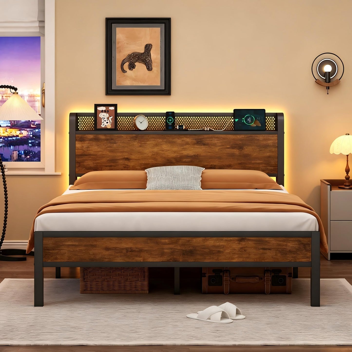 Nedenyou King Bed Frame with Charging Station and LED Lights,Heavy Duty Platform Beds King Size with Storage Headboard,USB Port,Rustic Wood and Strong Metal Support,No Box Spring Needed, Noise Free