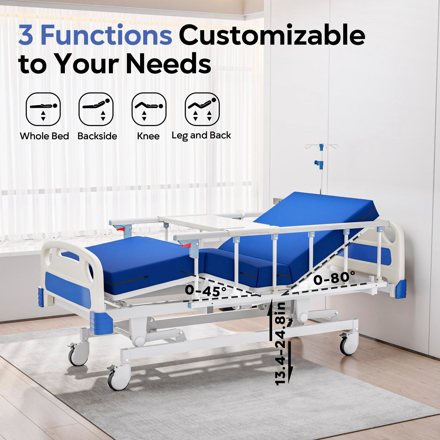 Fuzren Premium Full Electric Hospital Bed for Home Use, 3 Function Medical Bed with 4.7” Foam Mattress, Height Adjustable, Individual Locking, Includes Tray and Sheets (2X) (3 Function)