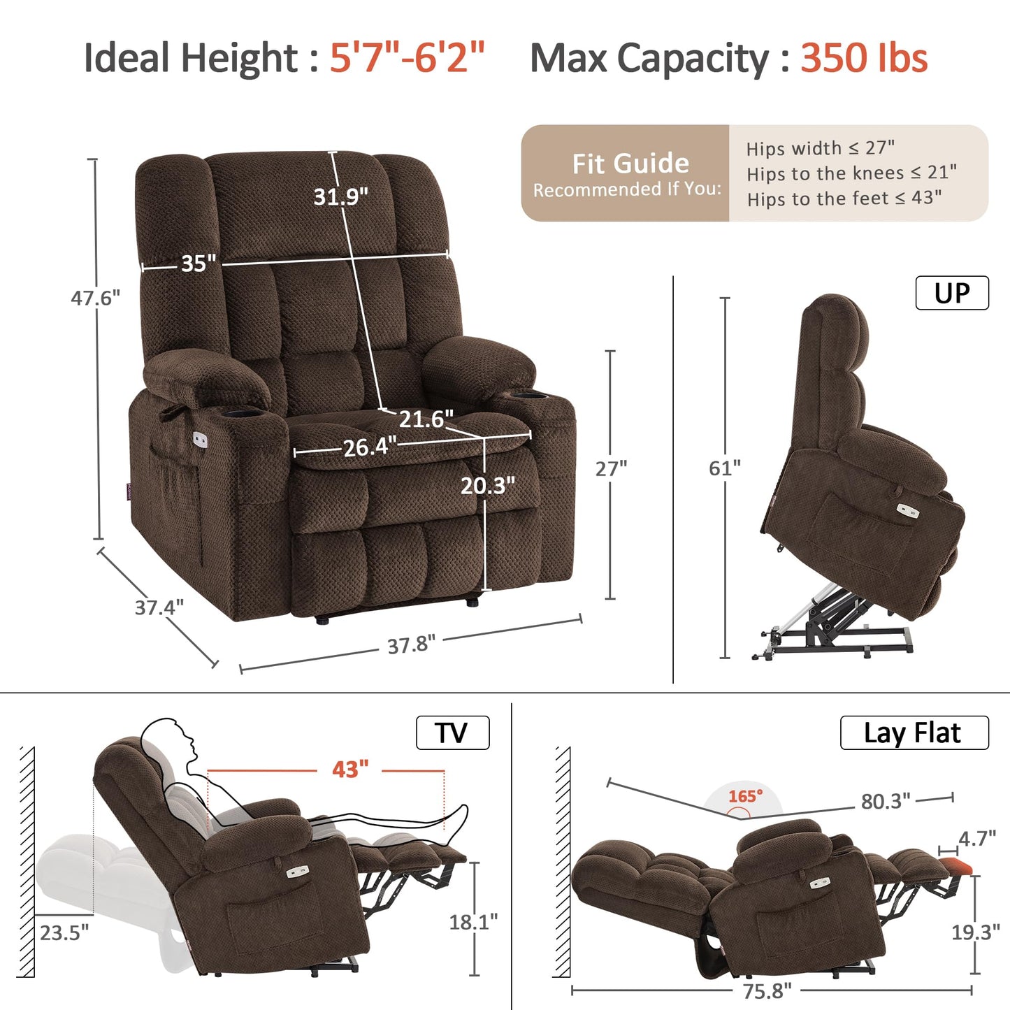 MCombo Oversized Power Lift Recliner Chair for Elderly, Dual Motor Lift Chair with Heat and Massage, Lay Flat Lift Chair for Big and Tall, Cup Holders, Fabric R7891 (Oversize, Mocha)