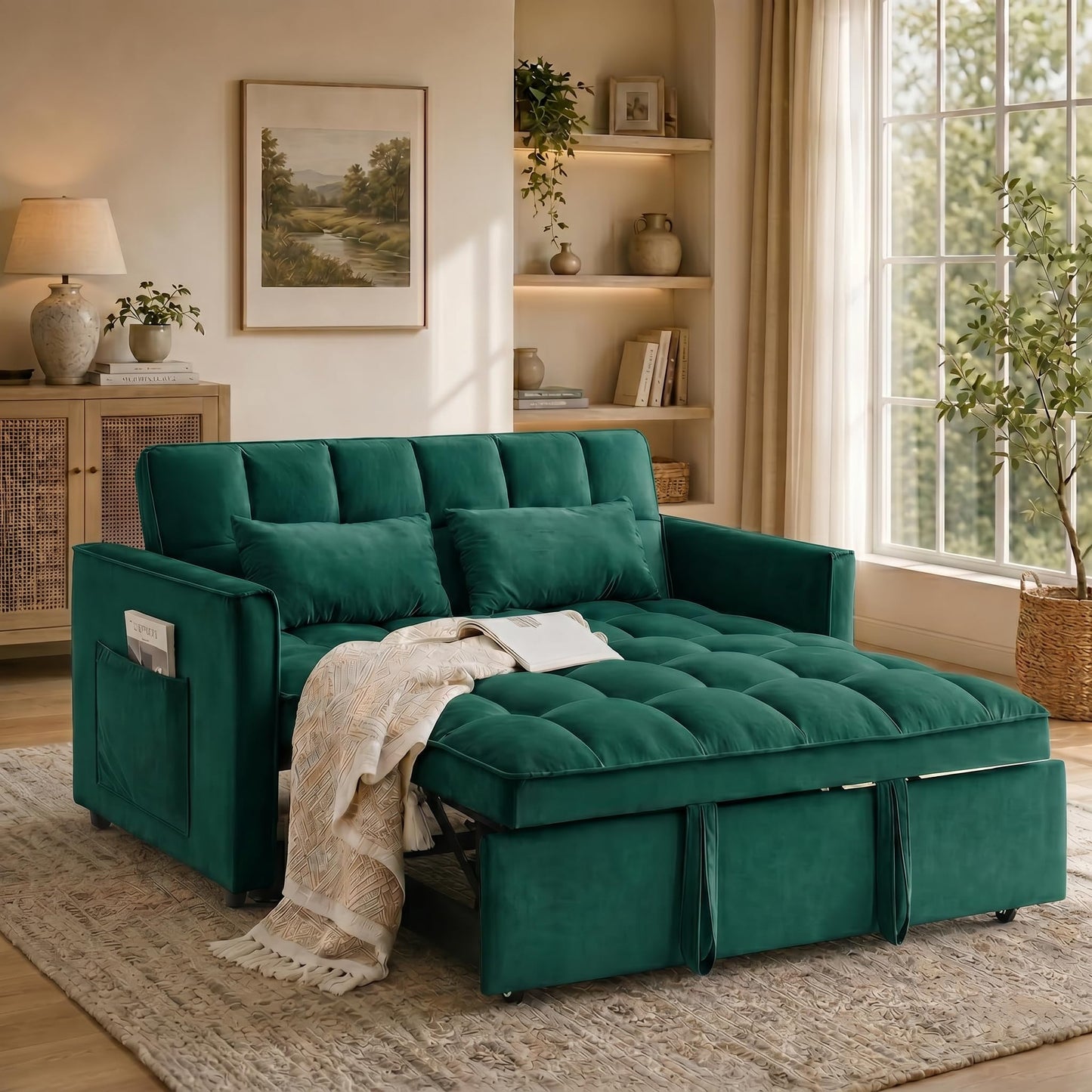 NicBex Convertible Sofa Bed, 3 in 1 Velvet Fabric Loveseat Sleeper Sofa Bed, Pull Out Couch with Adjustable Backrest & Side Pockets for Small Spaces, Living Room & Bedroom, Dark Green