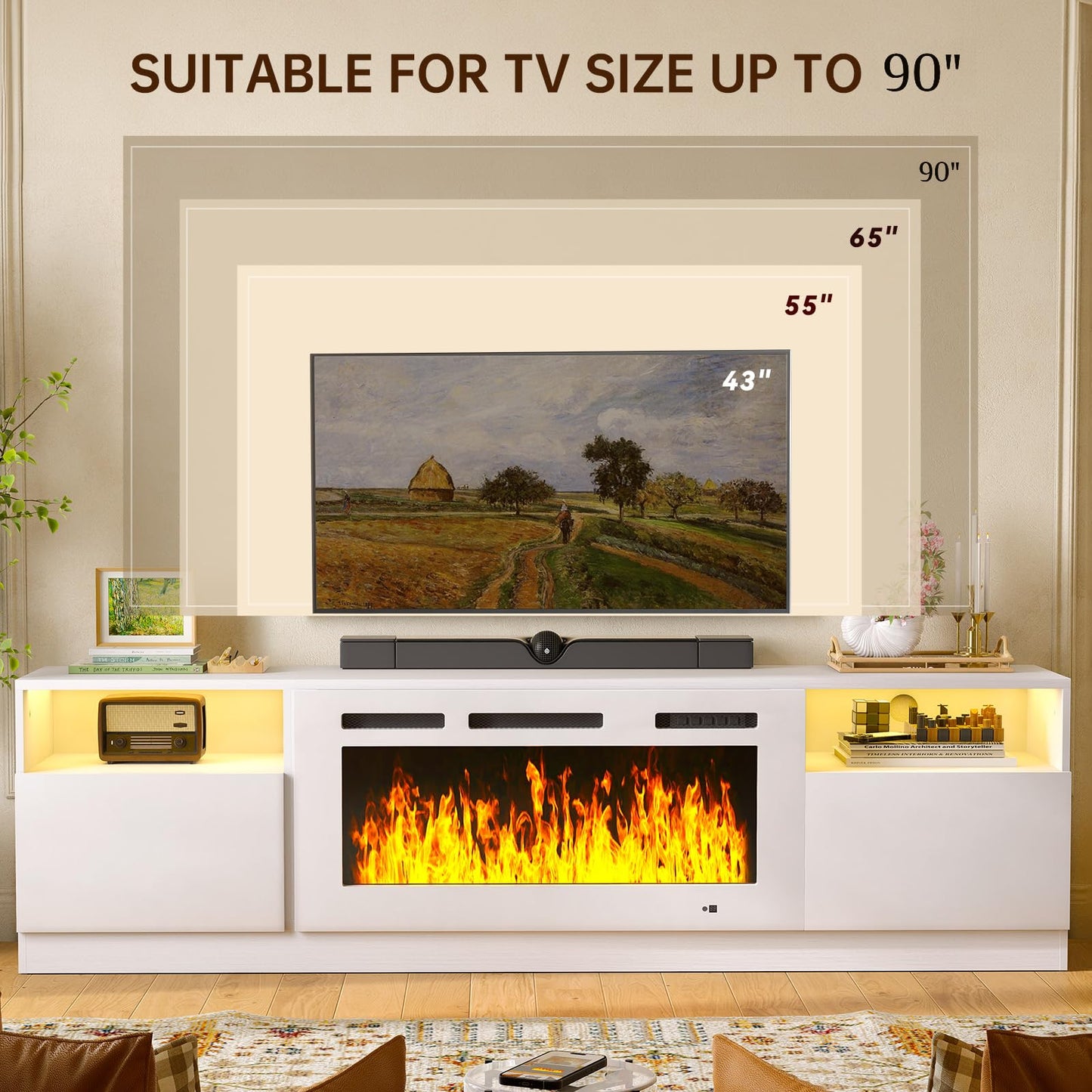 MXV 80" Fireplace TV Stand for TVs Up to 90", LED Light Entertainment Center with 36" Electric Fireplace, Modern Wood Texture TV Media Console with Highlight Storage Cabinet, White-White