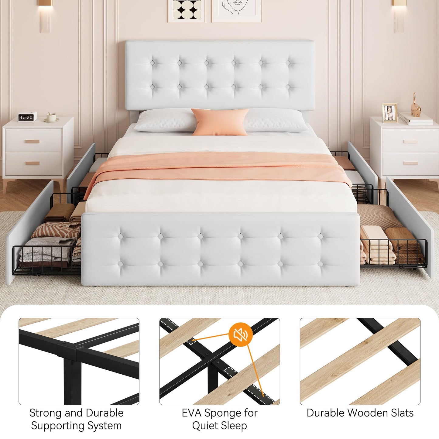 IDEALHOUSE Full Size Bed Frame with 4 Storage Drawers and Headboard, Faux Leather Upholstered Platform Bed Frame with Wooden Slats Support, Button Tufted Design, No Box Spring Needed, White