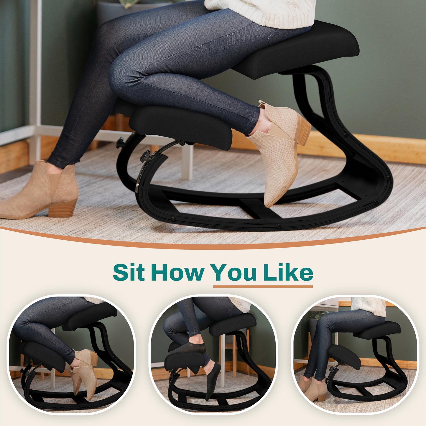 NYPOT Ergonomic Kneeling Chair with Adjustable Seats - Knee Chair for Posture Correction & Kneel Rocking Stool for Desk - Back Pain Relief and Support for Home and Office - Modern Total Black