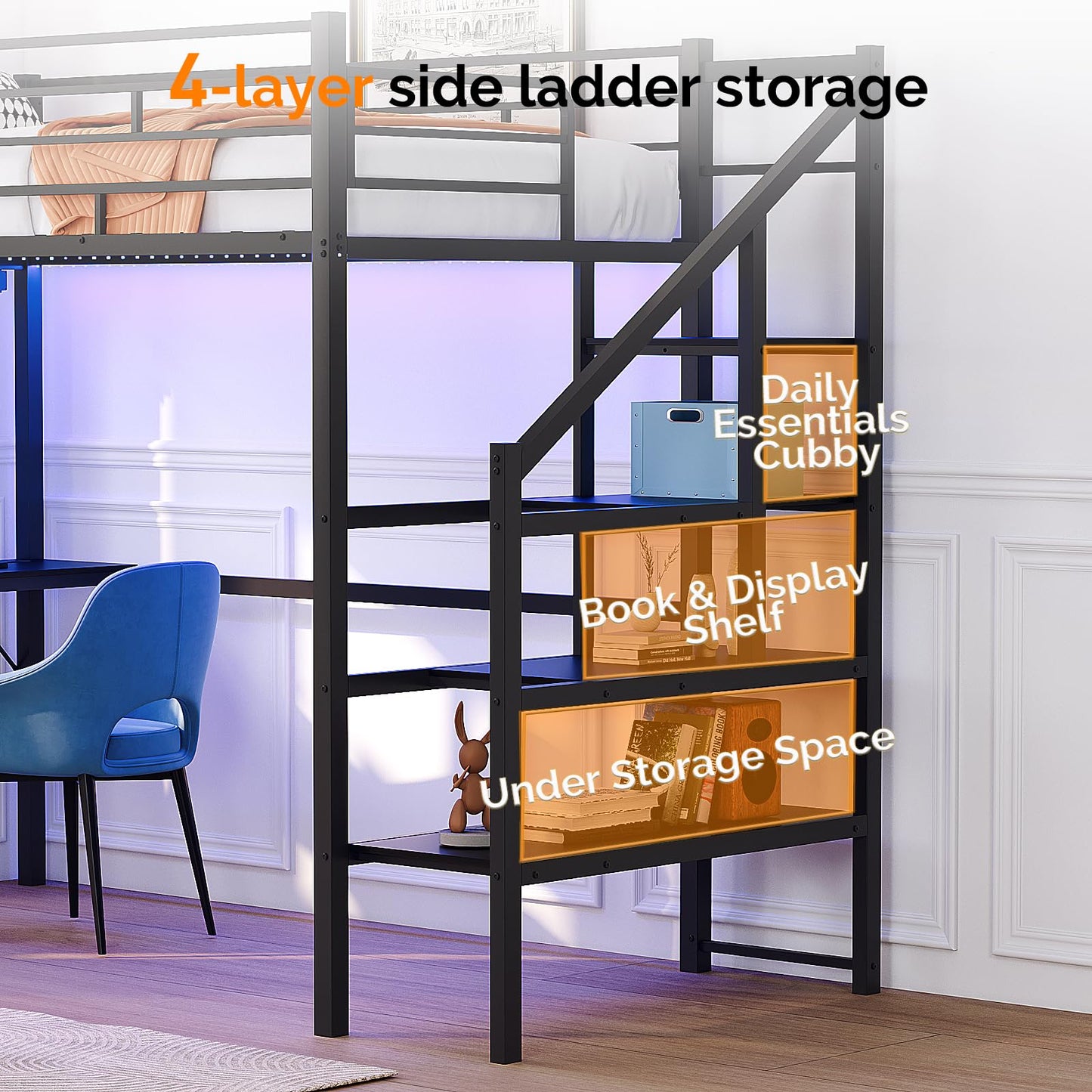 VINGLI Twin Loft Bed with Desk,15‘’ Extra High Safety Guardrail with 2 Charging Station,Heavy Duty Metal Loft Bed Frame with Staircase,LED Light, Kids/Teens/Adults,Black