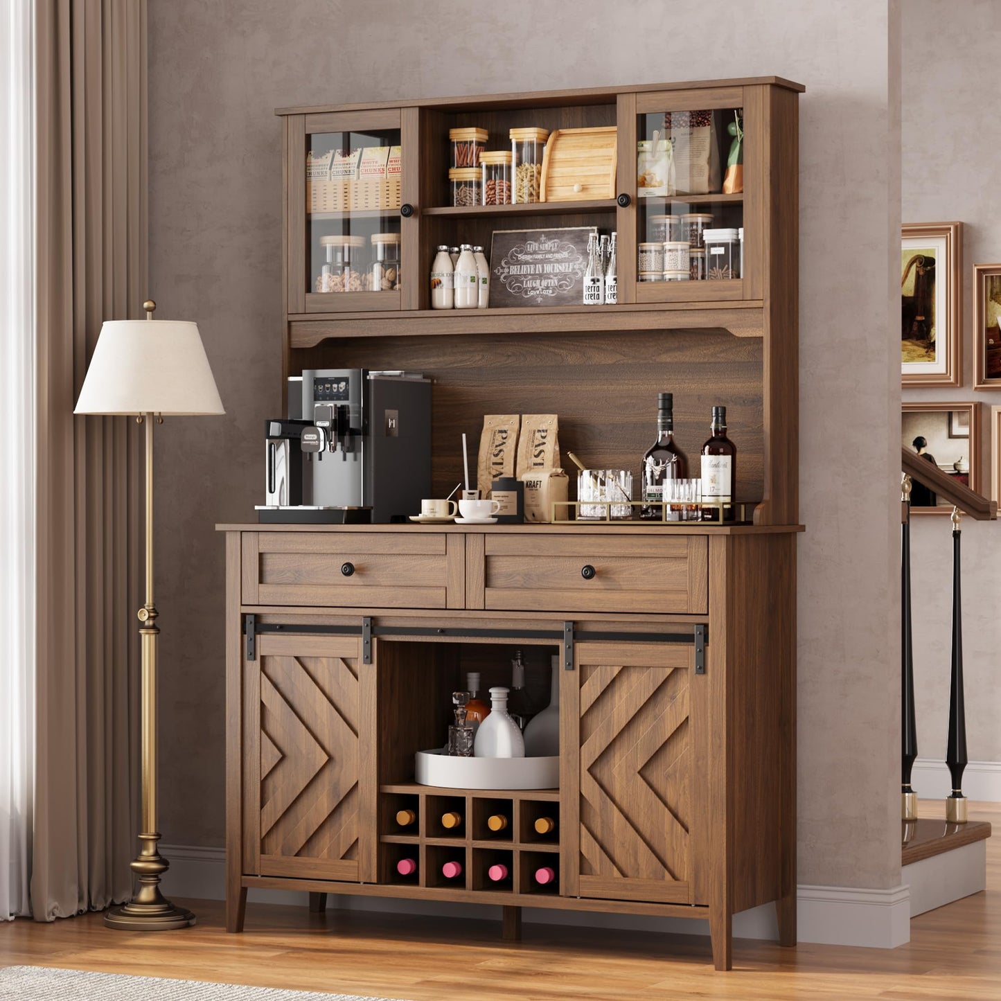 Garvee 72" Farmhosue Bar Cabinet with Sliding Barn Door, Large Kitchen Buffet with Hutch Wine with Charging Station, 2 Drawers, 8 Storage Shelves, LED Rustic Coffee Bar for Dining