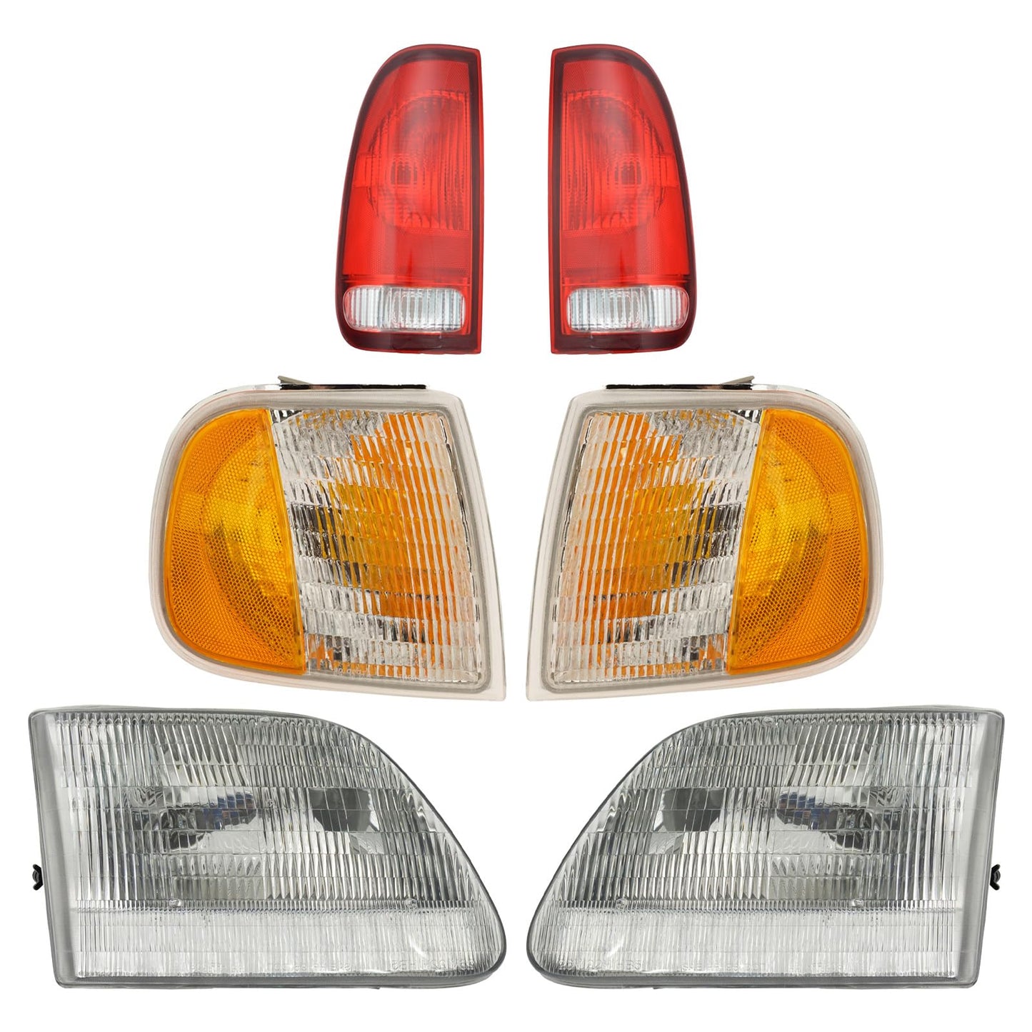 TRQ 6 Piece Headlight & Tail Light Assembly Set for 1997-2003 Ford F150, Clear, Model LKA55995