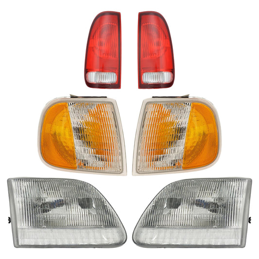 TRQ 6 Piece Headlight & Tail Light Assembly Set for 1997-2003 Ford F150, Clear, Model LKA55995