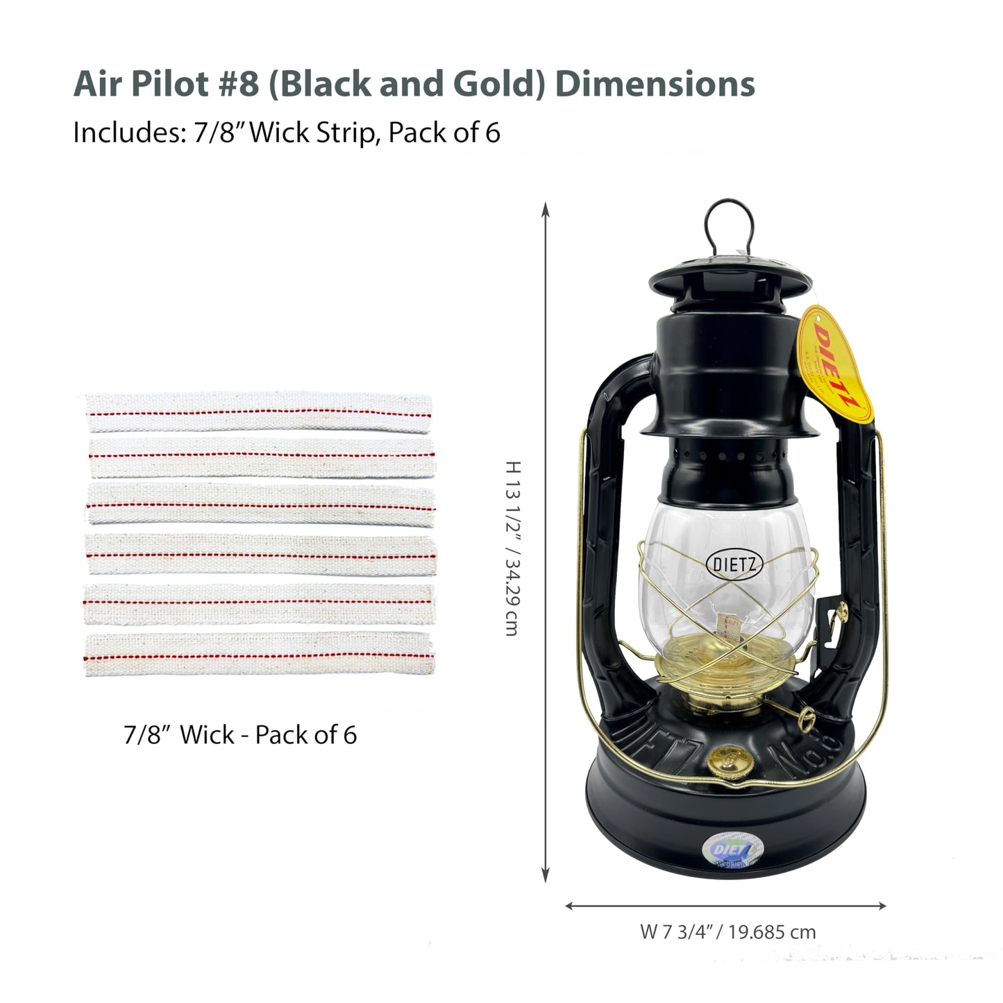 LIGHT OF MINE Oil Lantern - Dietz #08 Air Pilot, Black with Gold Trim, Metal, Replacement Wick Strips Included