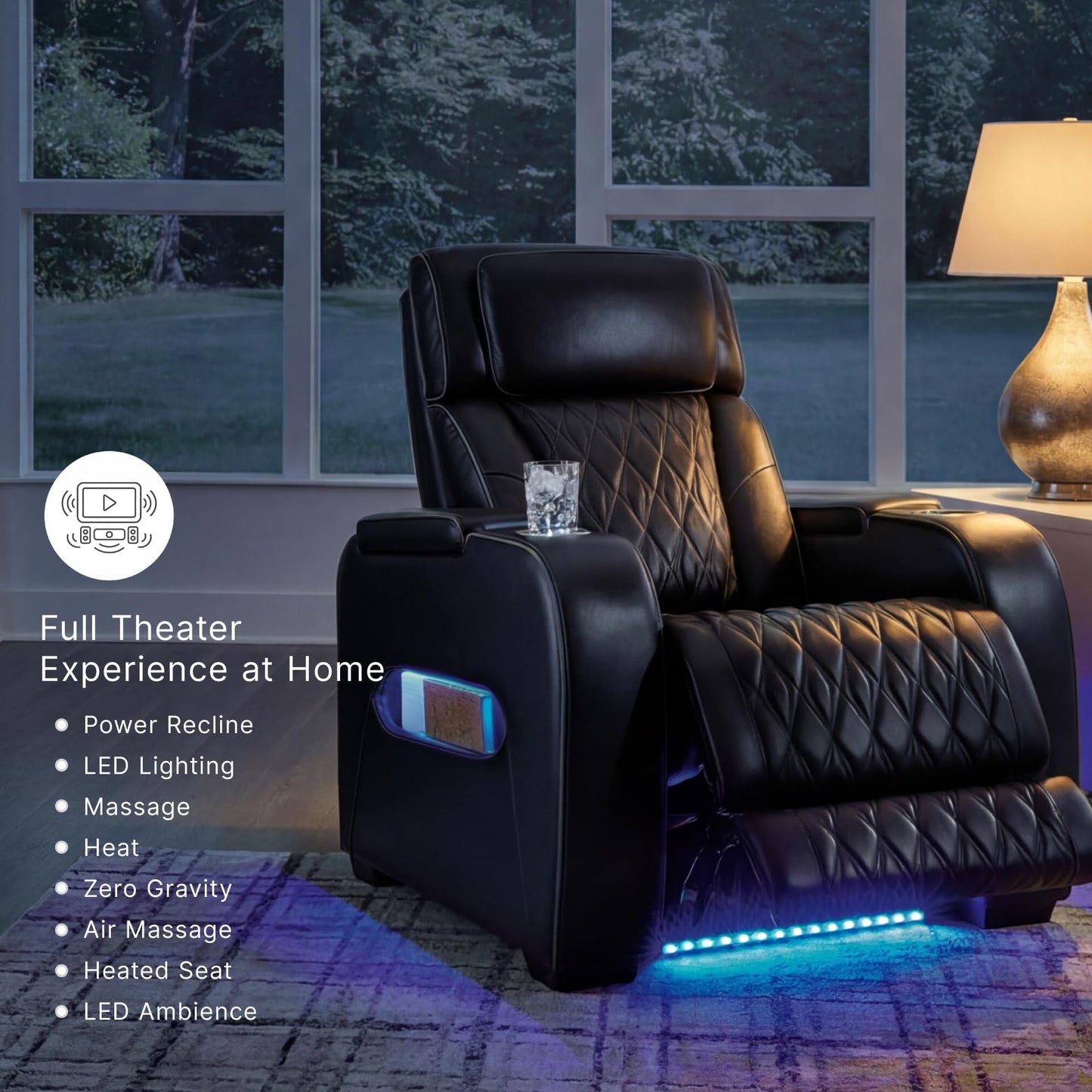Signature Design by Ashley Boyington Contemporary Leather Match Power Recliner with Adjustable Headrest, Cup Holders, USB Port and Air Massage System, Black